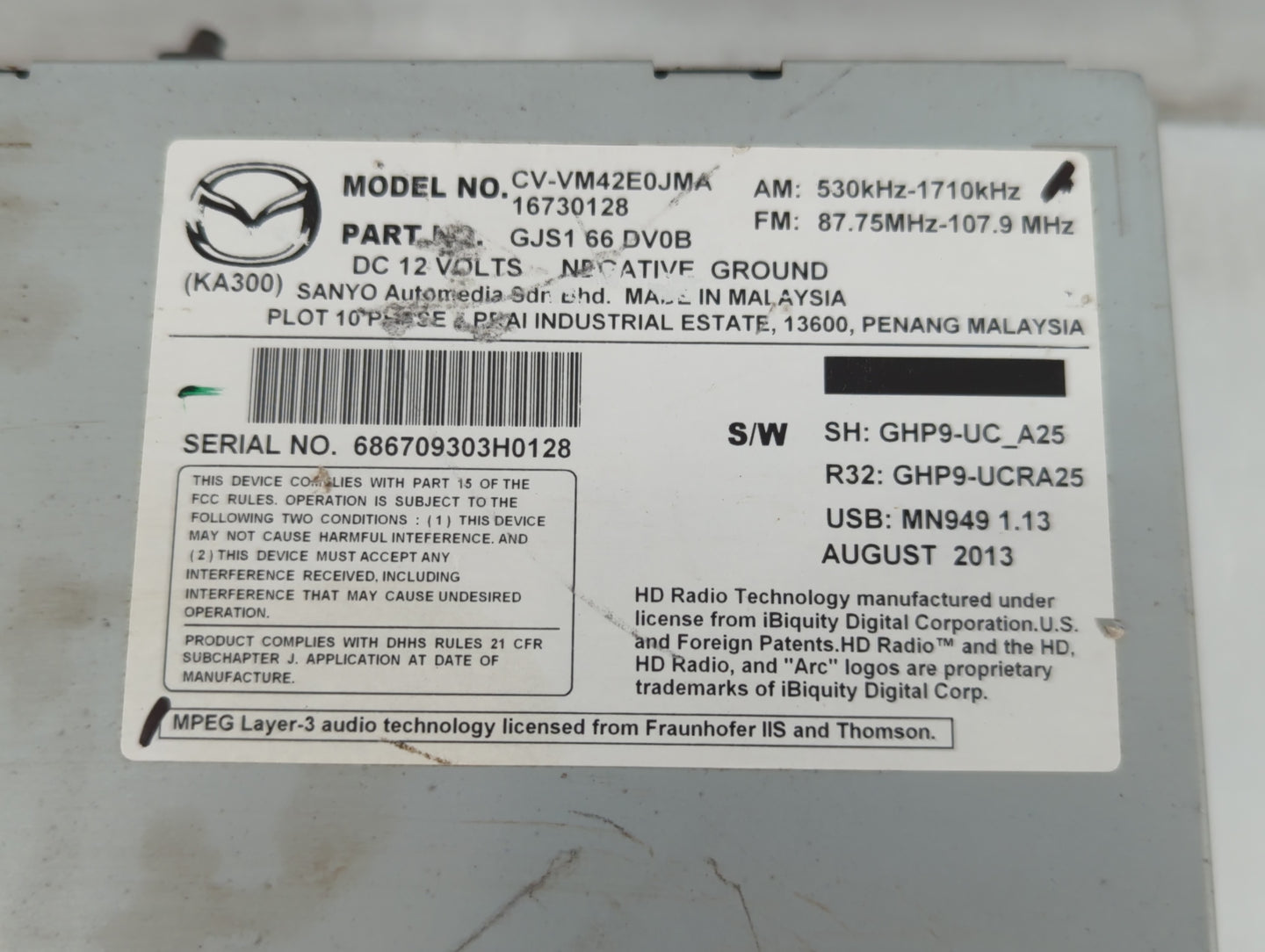 2014-2015 Mazda 6 Radio AM FM Cd Player Receiver Replacement P/N:GJS2 66 DV0B Fits Fits 2014 2015 OEM Used Auto Parts - Oemu