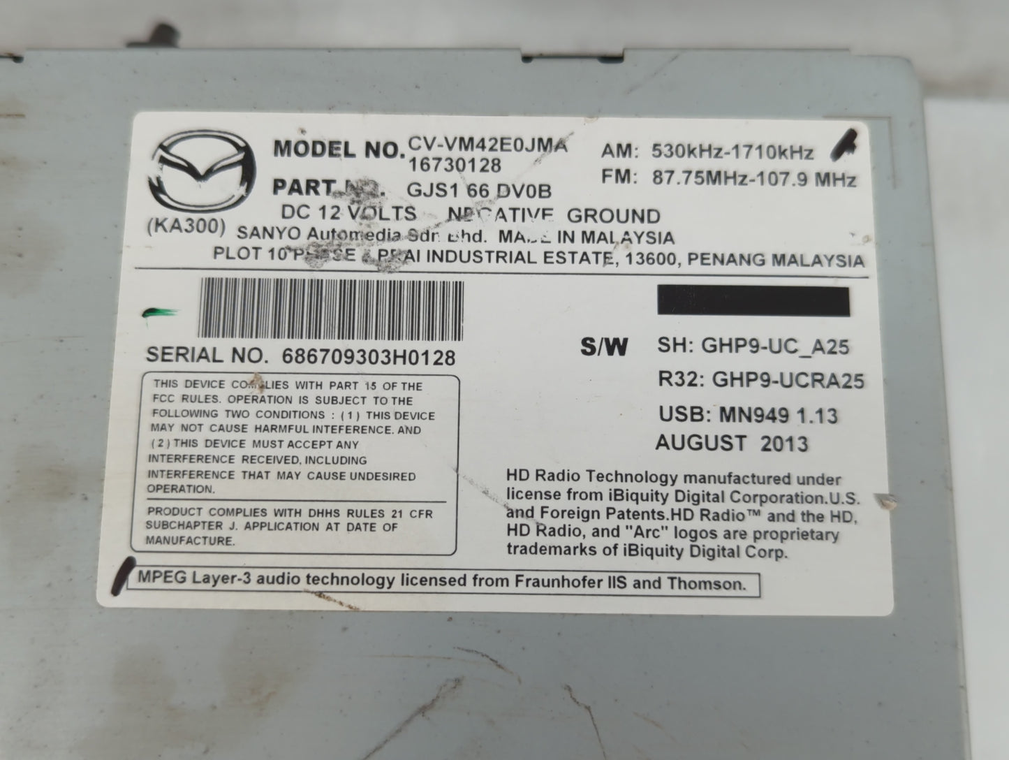 2014-2015 Mazda 6 Radio AM FM Cd Player Receiver Replacement P/N:GJS2 66 DV0B Fits Fits 2014 2015 OEM Used Auto Parts - Oemu