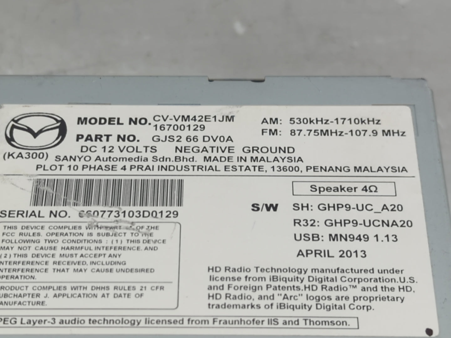2013-2016 Mazda Cx-5 Radio AM FM Cd Player Receiver Replacement P/N:GJ52 66 DV0A Fits Fits 2013 2014 2015 2016 OEM Used Auto