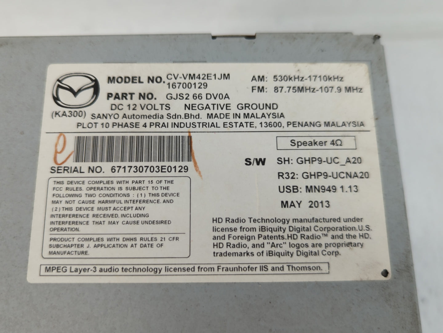 2013-2016 Mazda Cx-5 Am Fm Cd Player Radio Receiver - Oemusedautoparts1.com