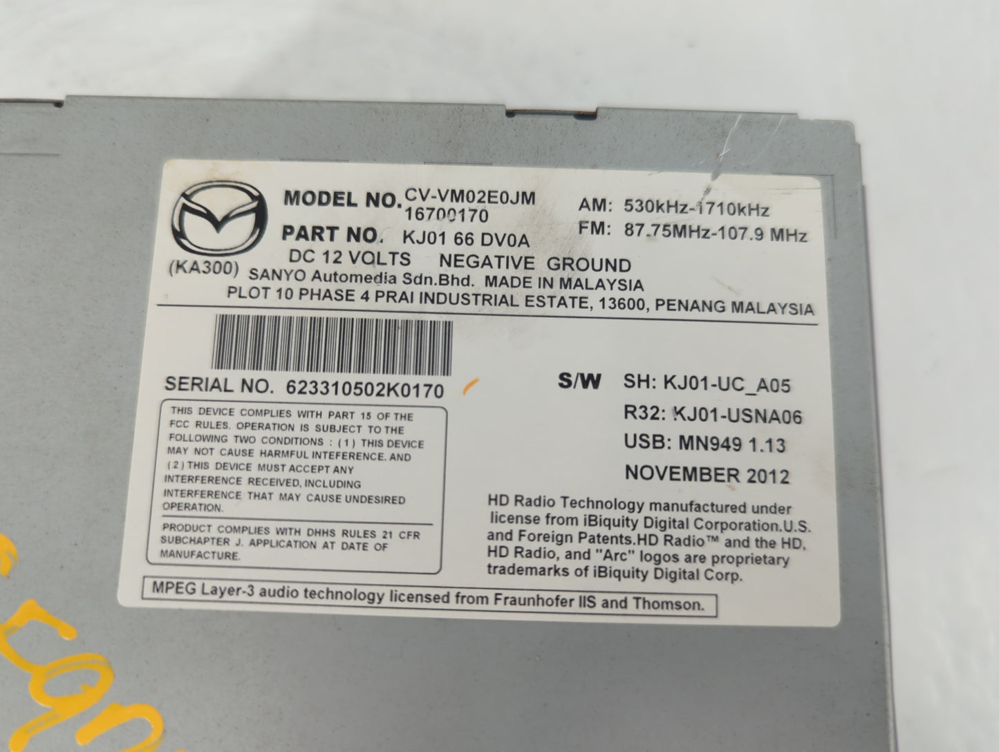 2013-2015 Mazda Cx-5 Radio AM FM Cd Player Receiver Replacement P/N:CV-VM02E0JM KJ01 66 DV0A Fits Fits 2013 2014 2015 OEM Us