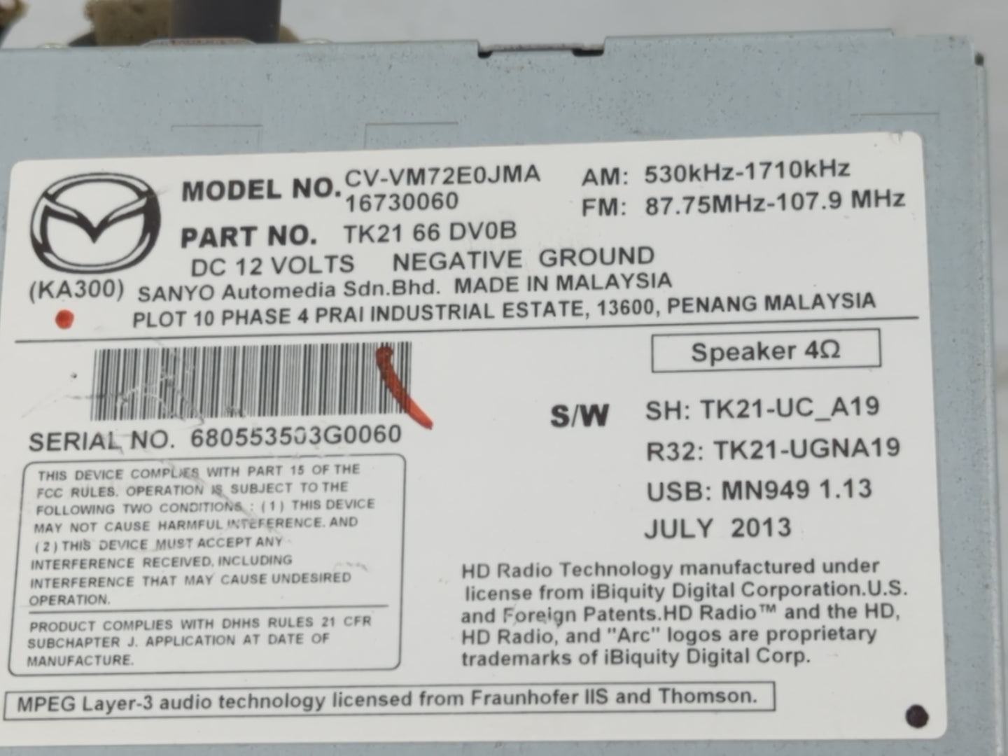 2013-2015 Mazda Cx-9 Radio AM FM Cd Player Receiver Replacement P/N:TK22 66 DV0 Fits Fits 2013 2014 2015 OEM Used Auto Parts