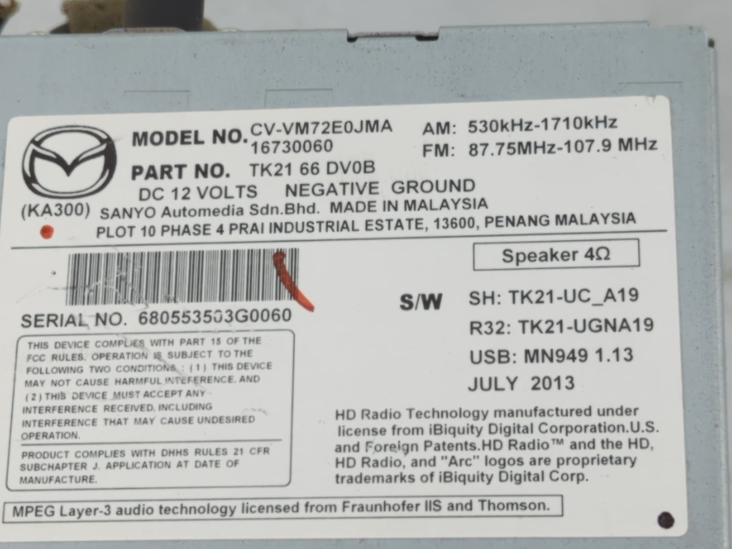 2013-2015 Mazda Cx-9 Radio AM FM Cd Player Receiver Replacement P/N:TK22 66 DV0 Fits Fits 2013 2014 2015 OEM Used Auto Parts