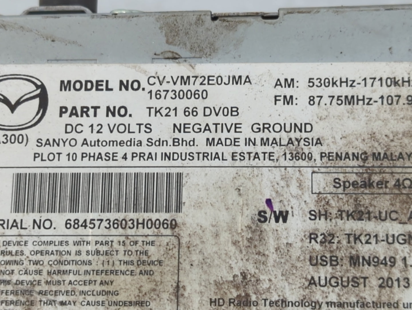 2013-2015 Mazda Cx-9 Radio AM FM Cd Player Receiver Replacement P/N:TK21 66 DV0B Fits Fits 2013 2014 2015 OEM Used Auto Part