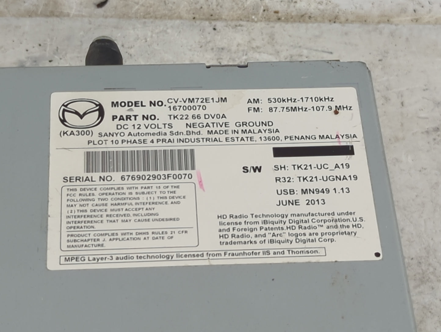 2013-2015 Mazda Cx-9 Radio AM FM Cd Player Receiver Replacement P/N:CV-VM72E1JM 16700070, TK2266DV0A Fits Fits 2013 2014 201