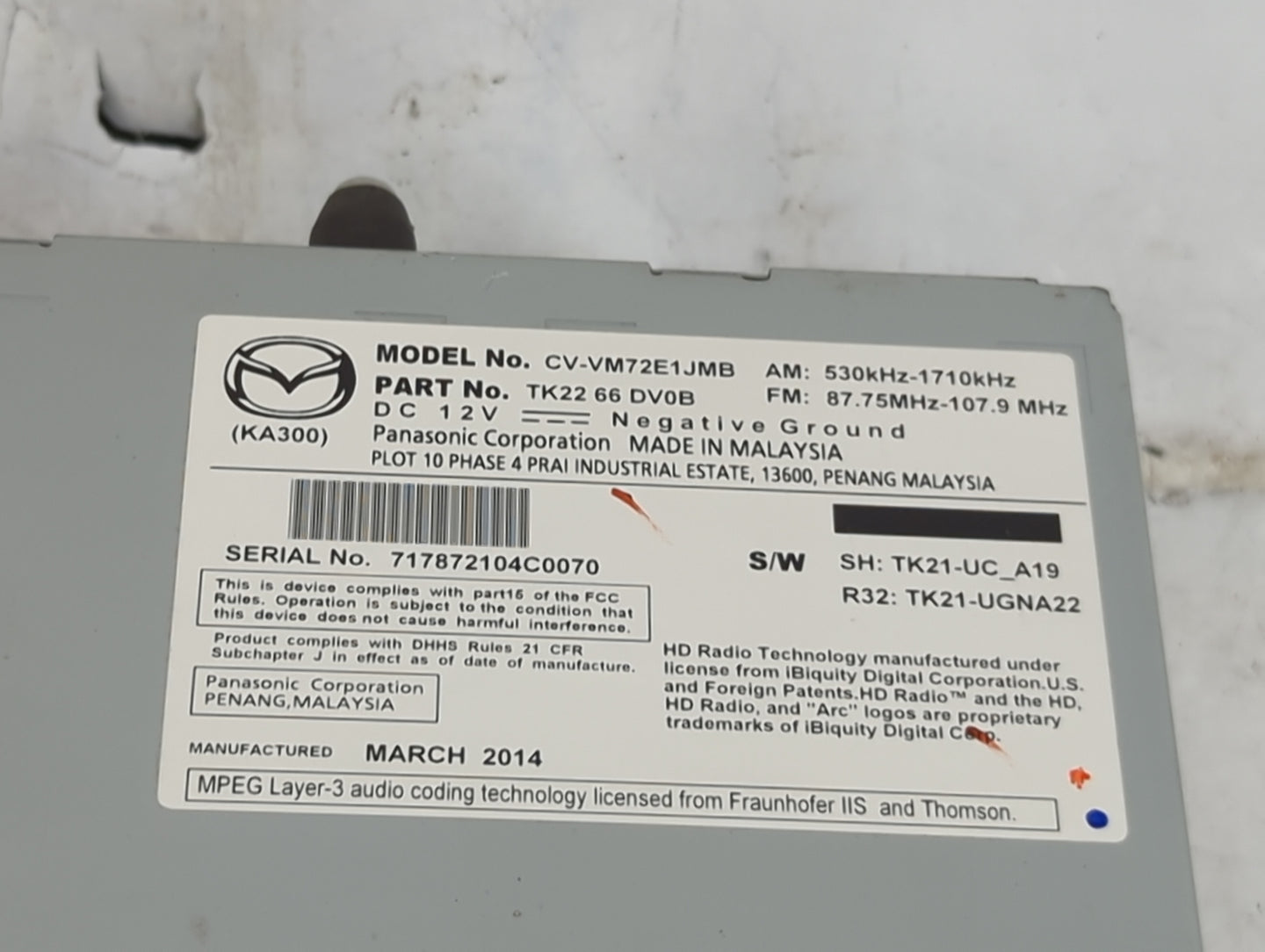 2013-2015 Mazda Cx-9 Radio AM FM Cd Player Receiver Replacement P/N:CV-VM72E1JMB TK2266DV0B Fits Fits 2013 2014 2015 OEM Use