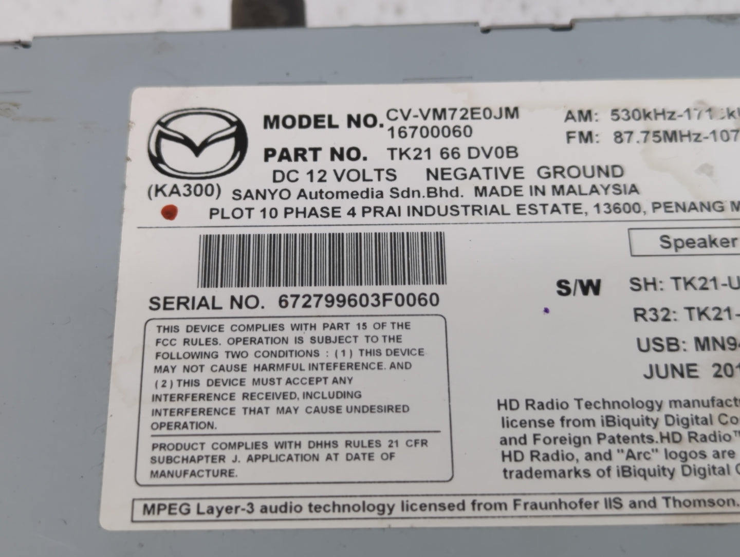 2013-2015 Mazda Cx-9 Am Fm Cd Player Radio Receiver - Oemusedautoparts1.com