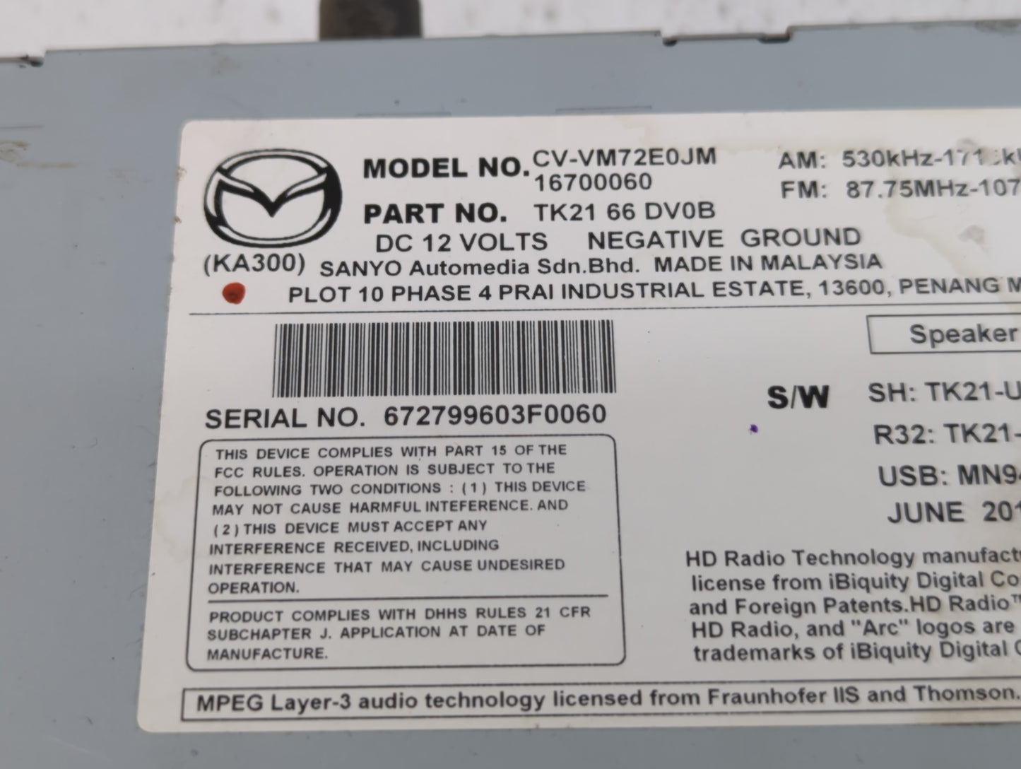 2013-2015 Mazda Cx-9 Am Fm Cd Player Radio Receiver - Oemusedautoparts1.com