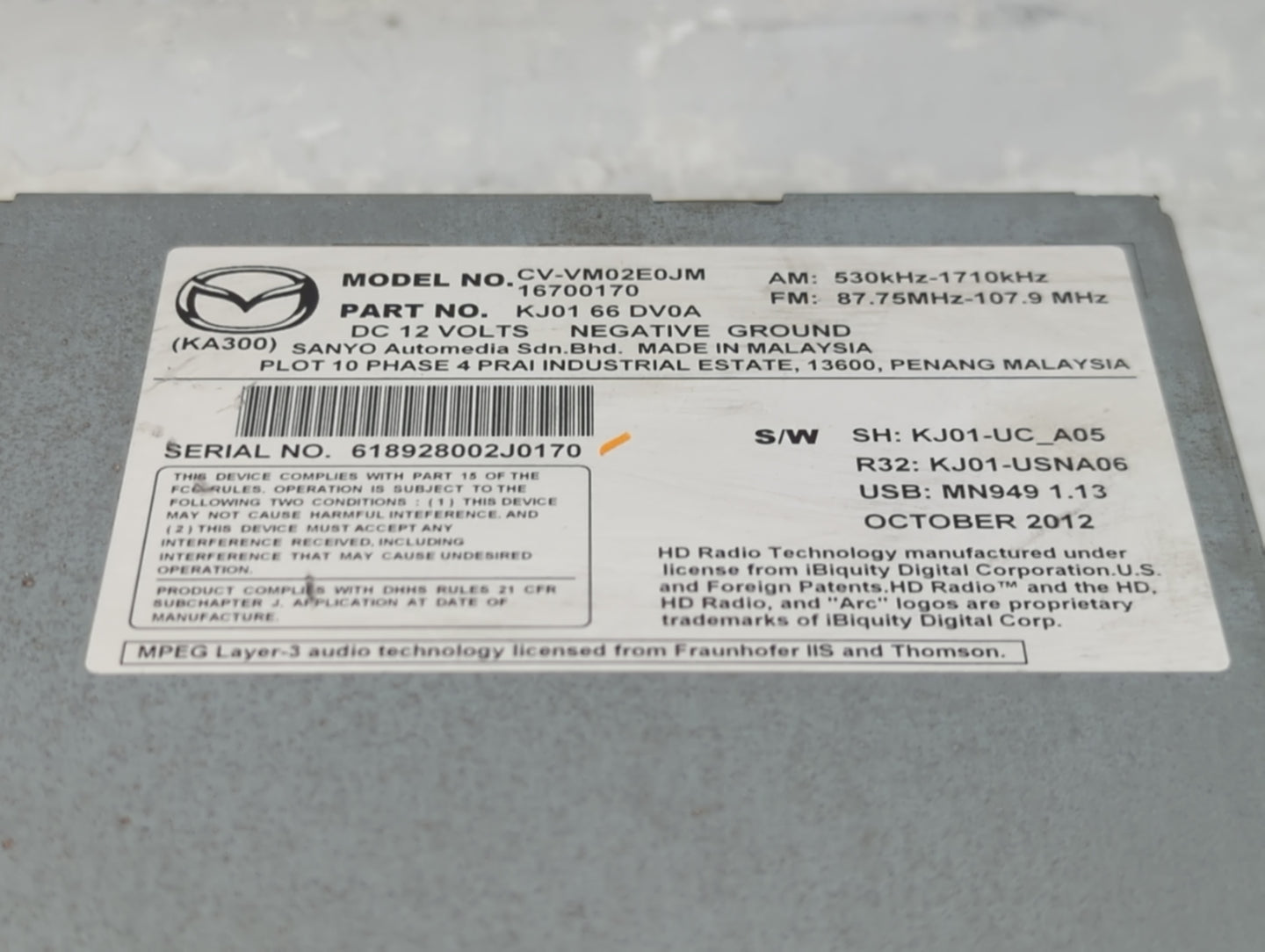 2014 Mazda Cx5 Radio AM FM Cd Player Receiver Replacement P/N:CV-VM02E0JM KJ0166DV0A, 16700170 Fits Fits 2013 2015 2016 OEM 