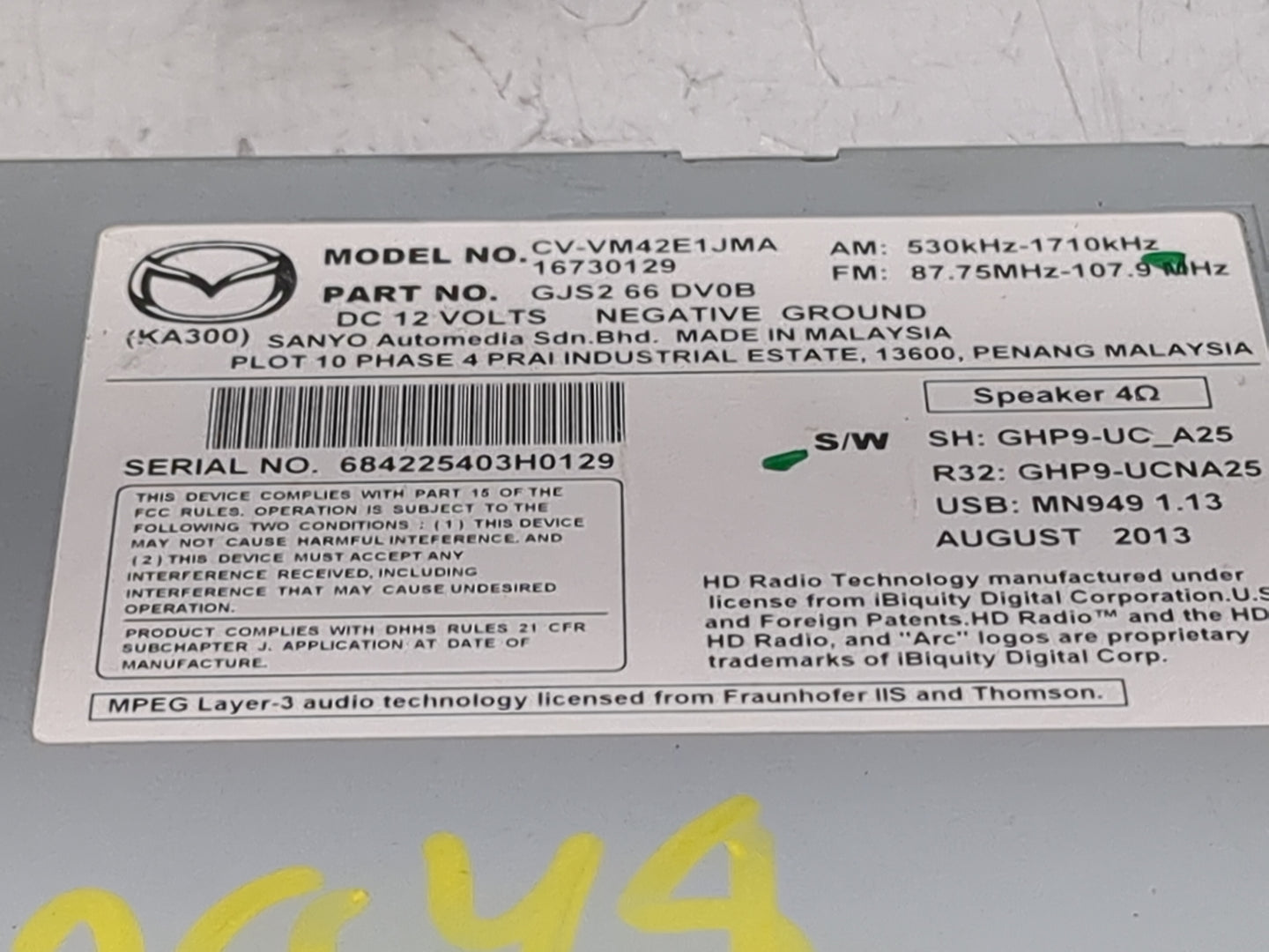 2014 Mazda Cx5 Radio AM FM Cd Player Receiver Replacement P/N:CV-VM42E1JMA 16730129, GJS266DV0B Fits Fits 2013 2015 2016 OEM