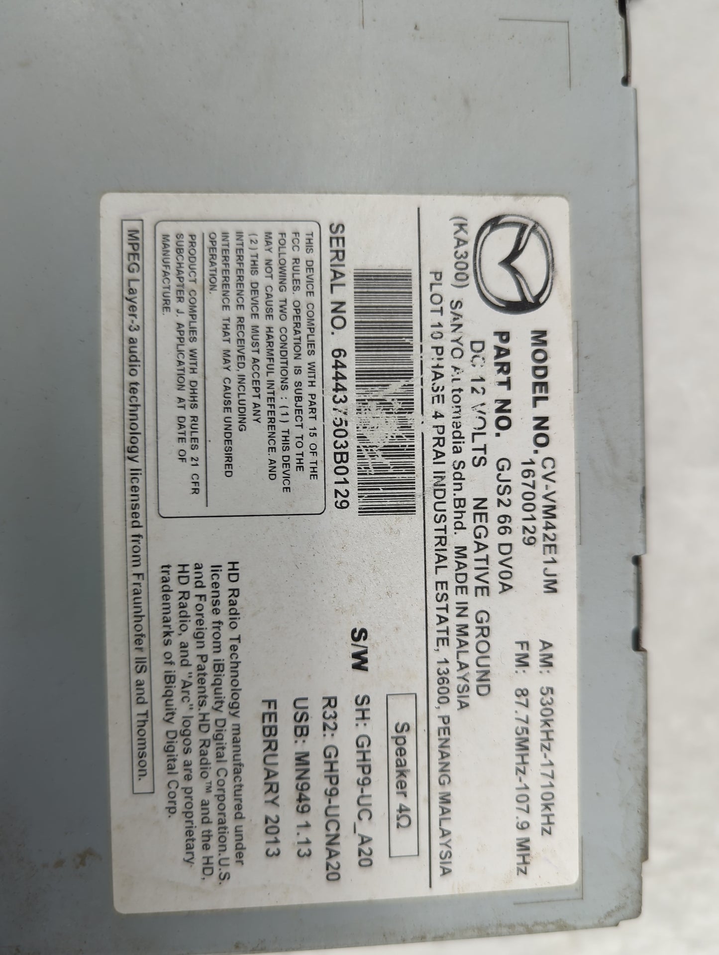 2014 Mazda Mazda6 Radio AM FM Cd Player Receiver Replacement P/N:GJS2 66 DV0A CV-VM42E1JM, GHP9-UC_A20 Fits Fits 2013 2015 2