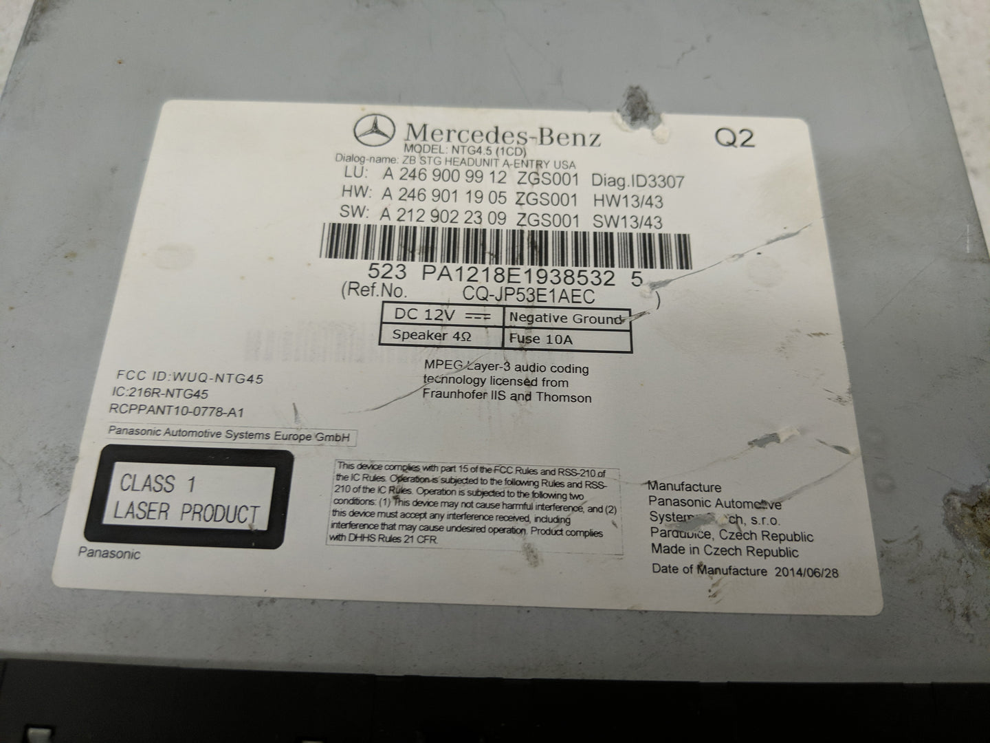 2014 Mercedes-Benz Cla180 Radio AM FM Cd Player Receiver Replacement P/N:A 212 902 23 09 A 246 901 19 05 Fits Fits 2015 2016