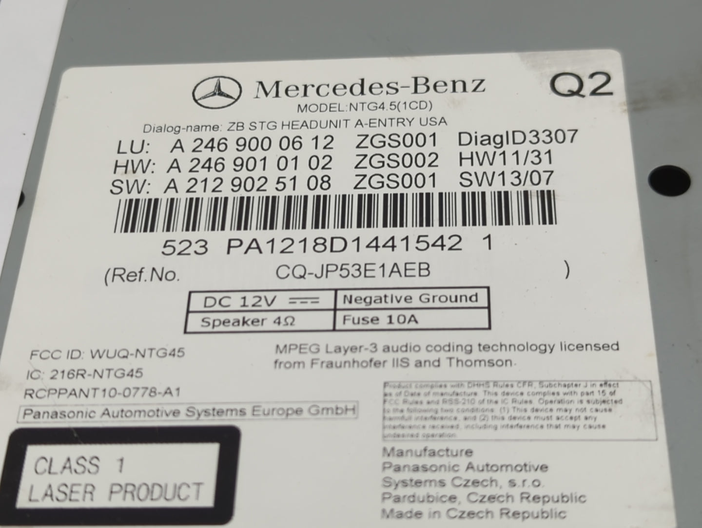 2014 Mercedes-Benz Cla250 Radio AM FM Cd Player Receiver Replacement P/N:CQ-JP53E1AEB A 212 902 51 08, A 246 901 01 02 Fits 