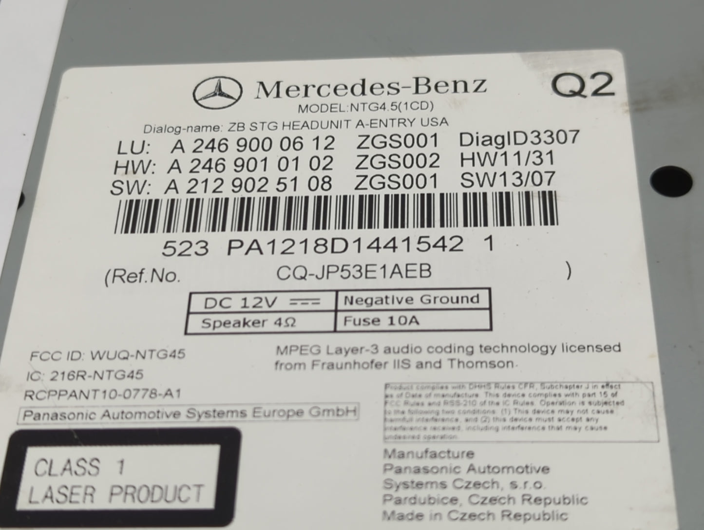 2014 Mercedes-Benz Cla250 Radio AM FM Cd Player Receiver Replacement P/N:CQ-JP53E1AEB A 212 902 51 08, A 246 901 01 02 Fits 
