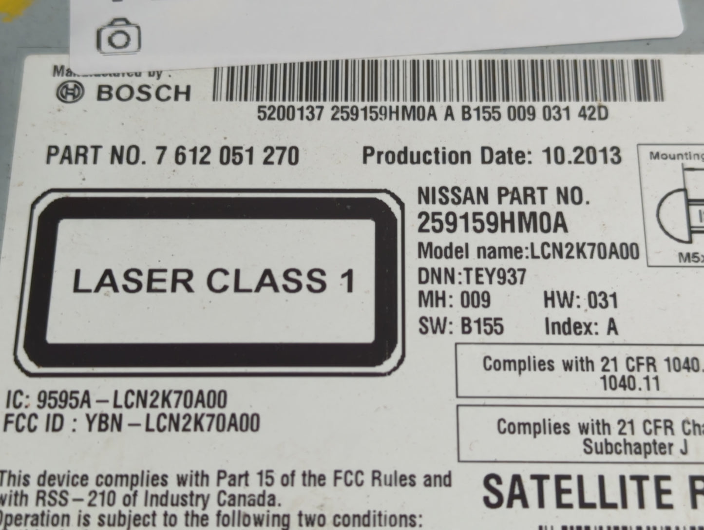 2013-2014 Nissan Altima Radio AM FM Cd Player Receiver Replacement P/N:259159HM0A 7 612 051 270 Fits Fits 2013 2014 OEM Used