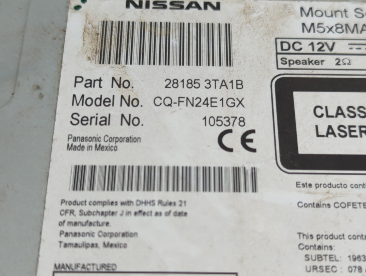 2013-2015 Nissan Altima Radio AM FM Cd Player Receiver Replacement P/N:28185 3TA0B Fits Fits 2013 2014 2015 OEM Used Auto Pa
