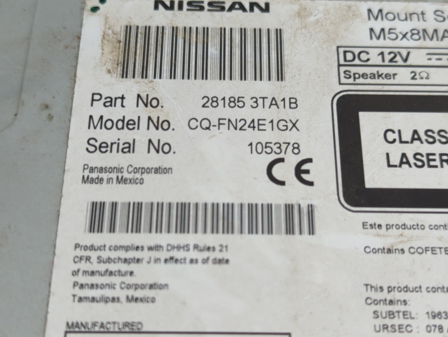 2013-2015 Nissan Altima Radio AM FM Cd Player Receiver Replacement P/N:28185 3TA0B Fits Fits 2013 2014 2015 OEM Used Auto Pa