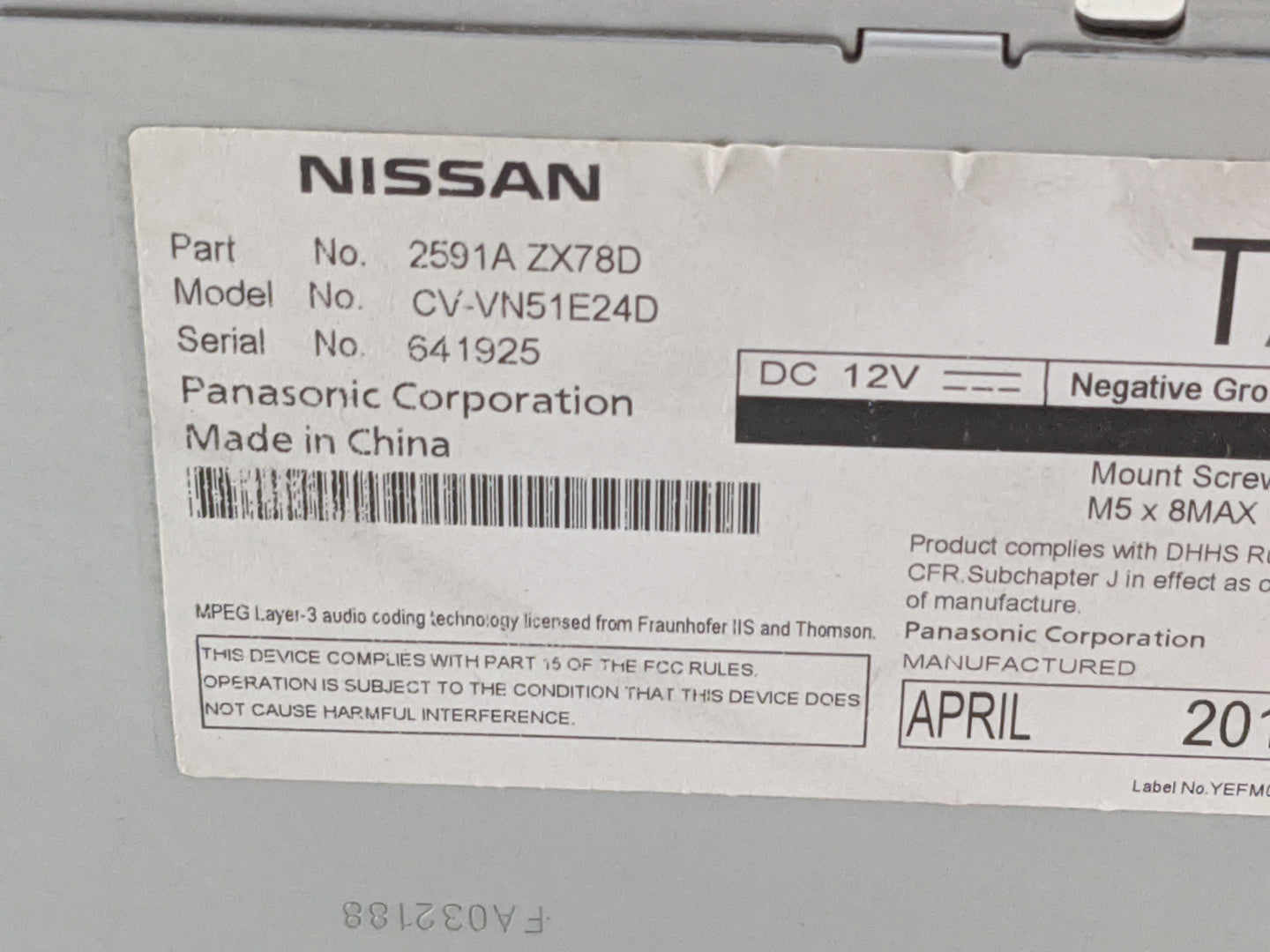 2014 Nissan Maxima Radio AM FM Cd Player Receiver Replacement P/N:2591A ZX78D CV-VN51E24D Fits Fits 2013 2015 OEM Used Auto 