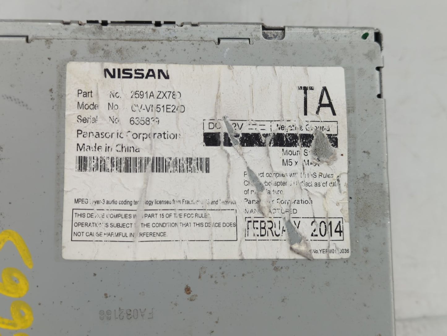 2013-2014 Nissan Pathfinder Radio AM FM Cd Player Receiver Replacement P/N:2591A ZX780 Fits Fits 2013 2014 OEM Used Auto Par