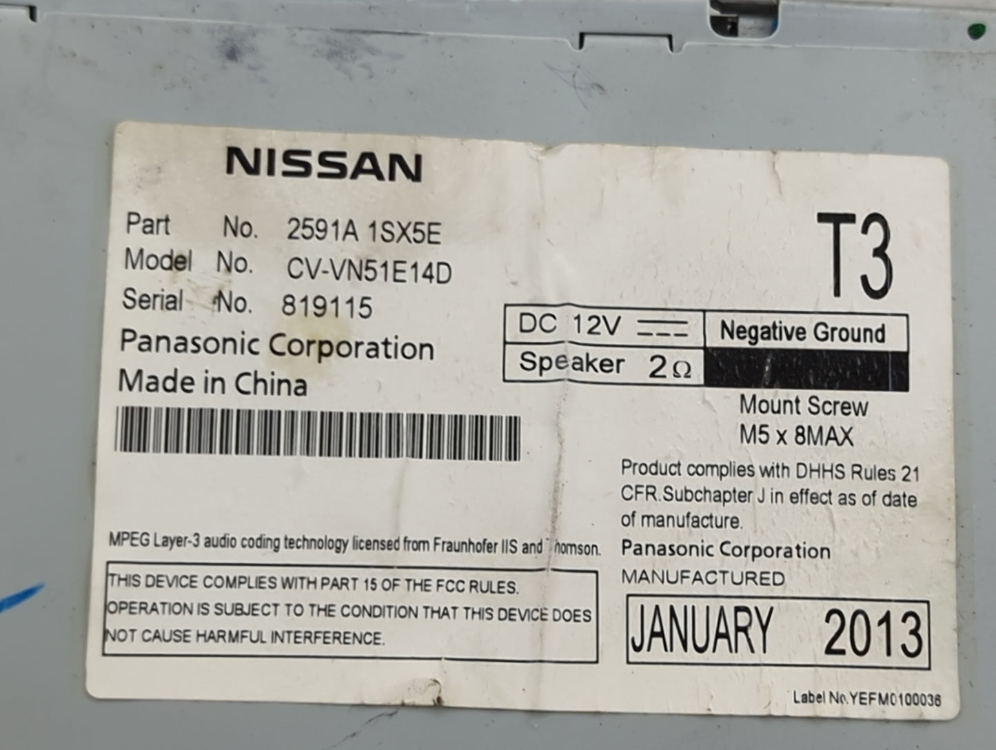 2013-2014 Nissan Pathfinder Radio AM FM Cd Player Receiver Replacement P/N:2591A 1SX5E CV-VN51E14D Fits Fits 2013 2014 2015 