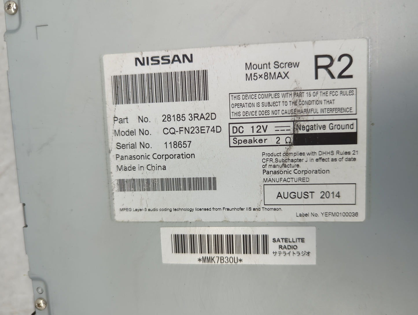 2014 Nissan Sentra Radio AM FM Cd Player Receiver Replacement P/N:28185 3RA2D CQ-FN23E74D Fits OEM Used Auto Parts - Oemused