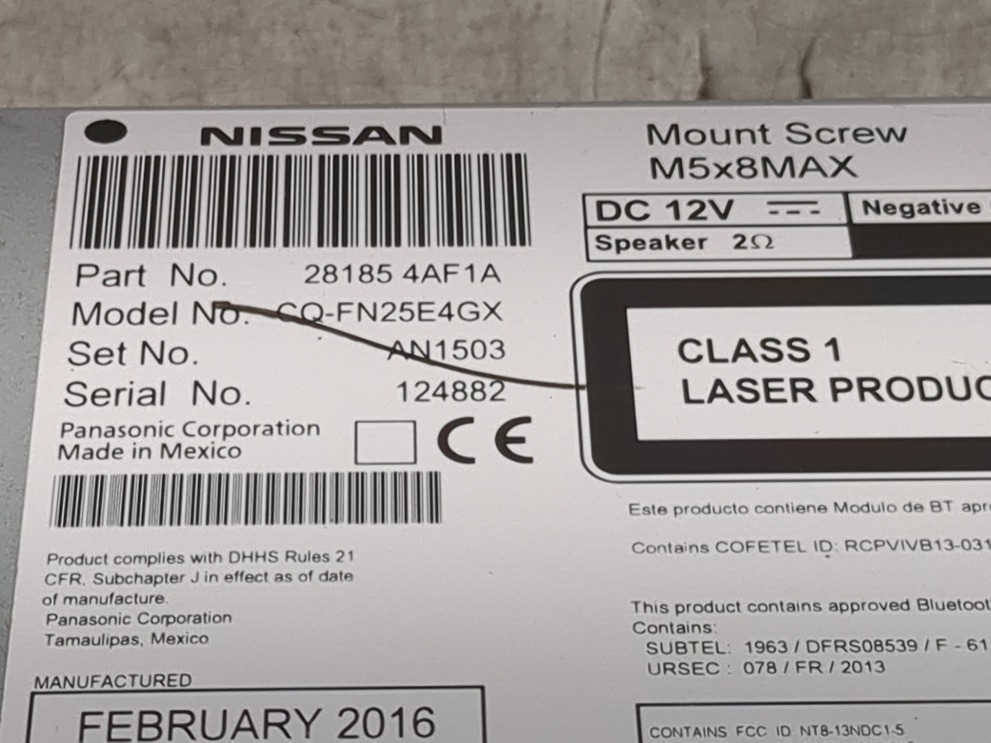 2016 Nissan Sentra Radio AM FM Cd Player Receiver Replacement P/N:28185 4AF1A CQ-FN25E4GX, AN1503 Fits OEM Used Auto Parts -