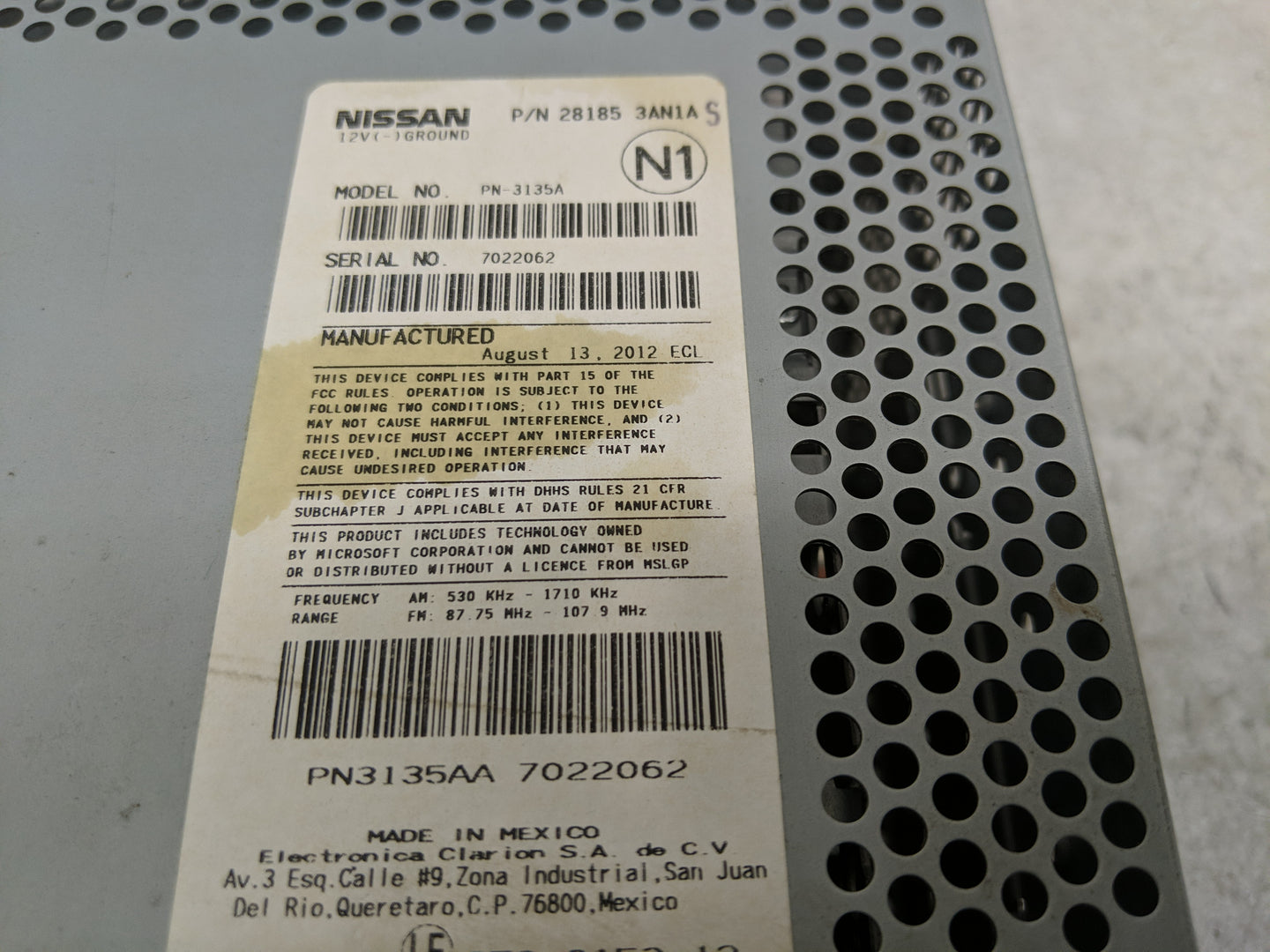 2012-2014 Nissan Versa Radio AM FM Cd Player Receiver Replacement P/N:28185 3AN0A Fits Fits 2012 2013 2014 OEM Used Auto Par