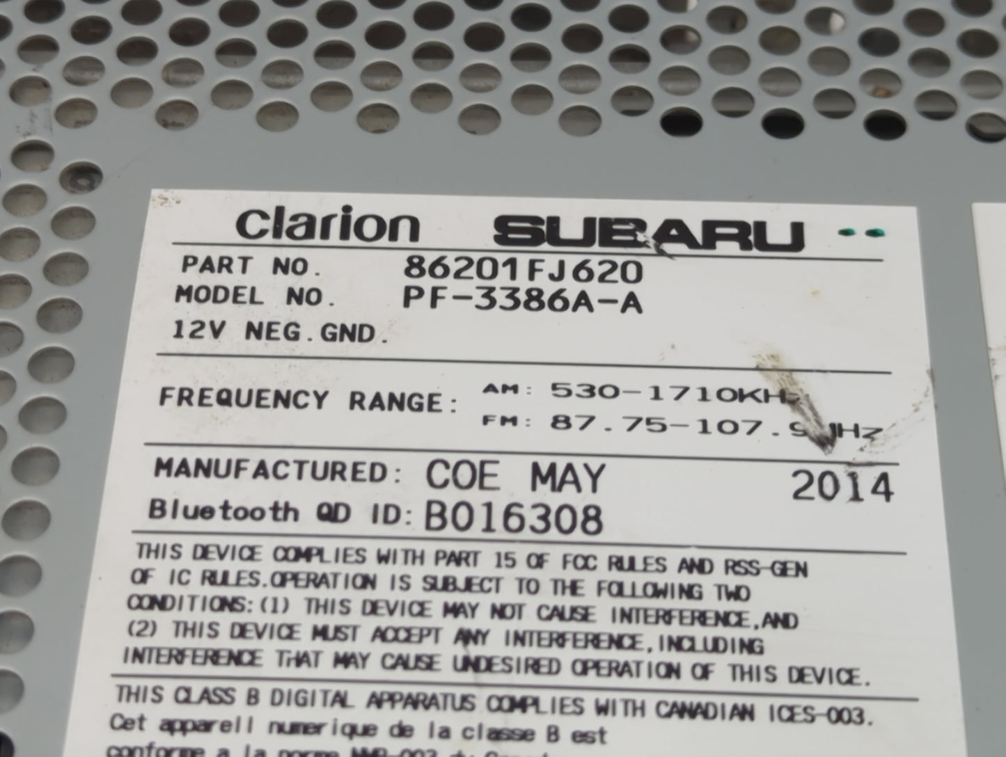 2014 Subaru Impreza Radio AM FM Cd Player Receiver Replacement P/N:86201FJ620 Fits OEM Used Auto Parts - Oemusedautoparts1.c