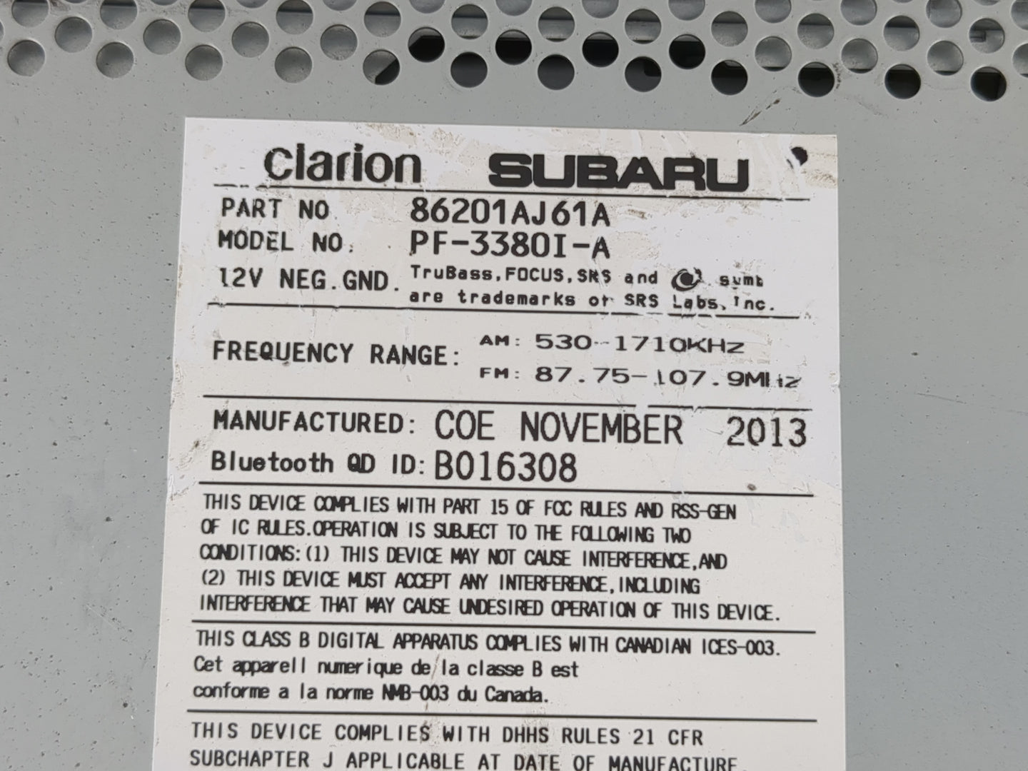 2014 Subaru Legacy Radio AM FM Cd Player Receiver Replacement P/N:86201AJ61A Fits OEM Used Auto Parts - Oemusedautoparts1.co