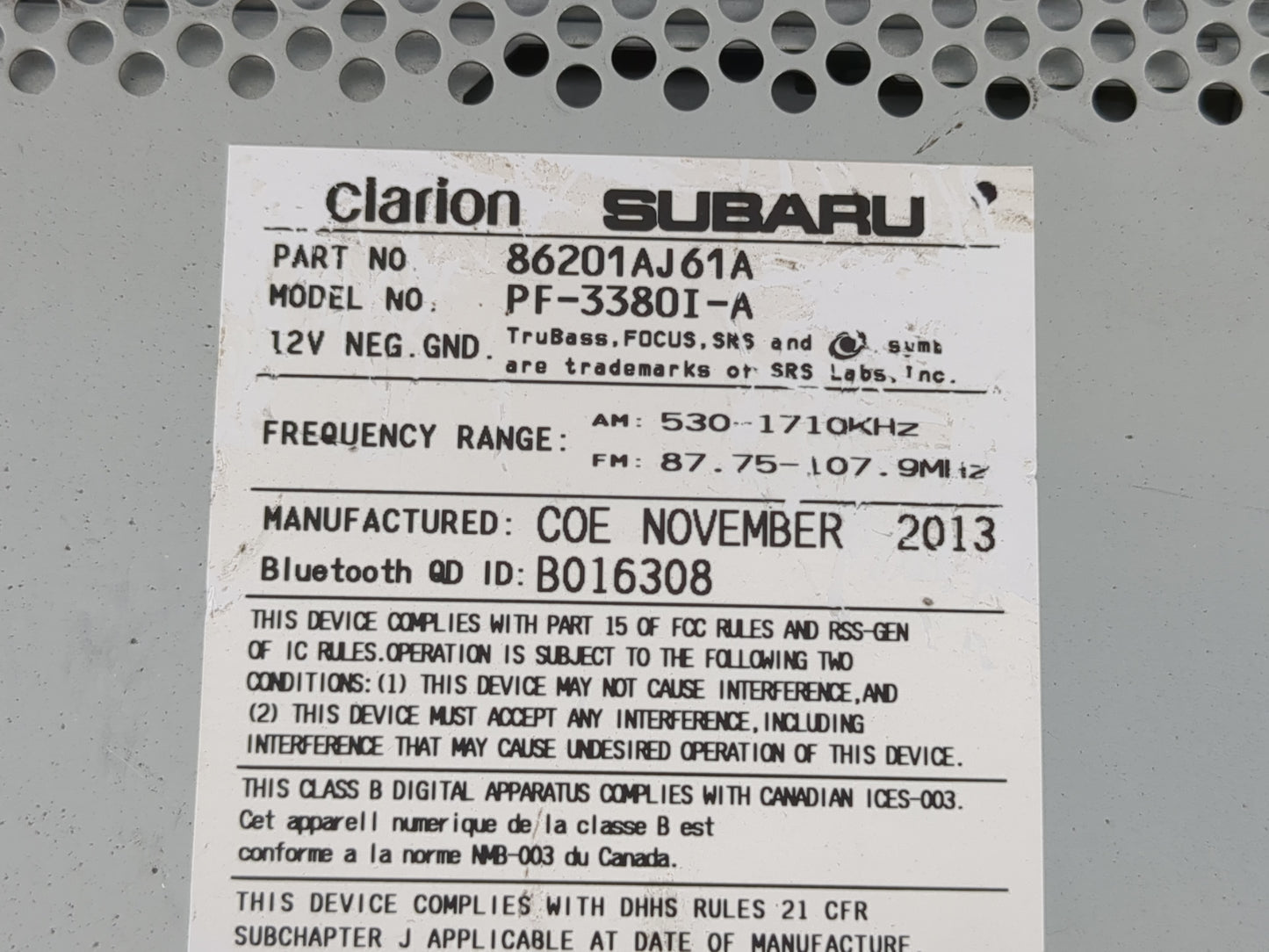 2014 Subaru Legacy Radio AM FM Cd Player Receiver Replacement P/N:86201AJ61A Fits OEM Used Auto Parts - Oemusedautoparts1.co
