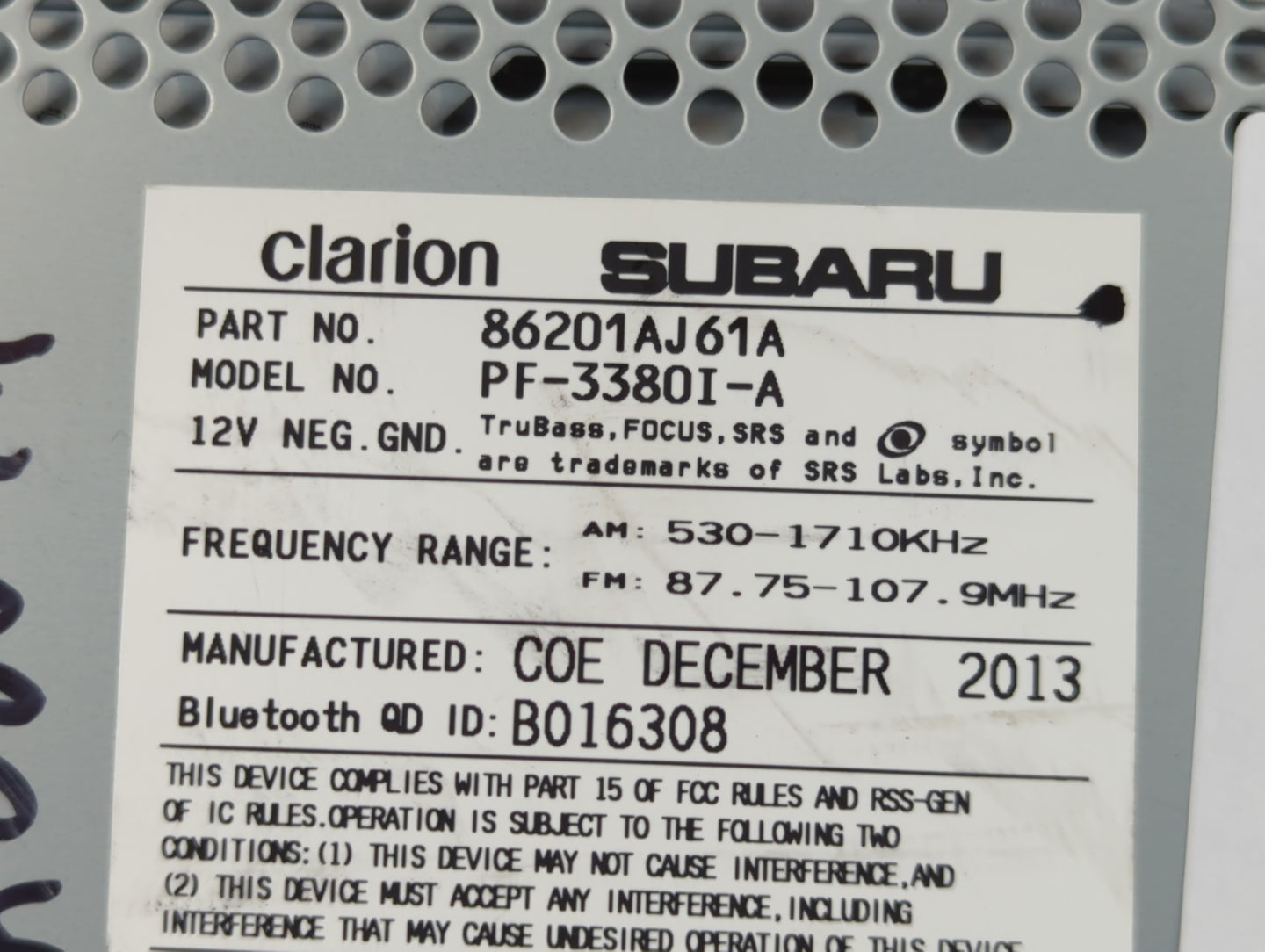 2012-2014 Subaru Legacy Radio AM FM Cd Player Receiver Replacement P/N:86201AJ61A Fits Fits 2012 2013 2014 OEM Used Auto Par