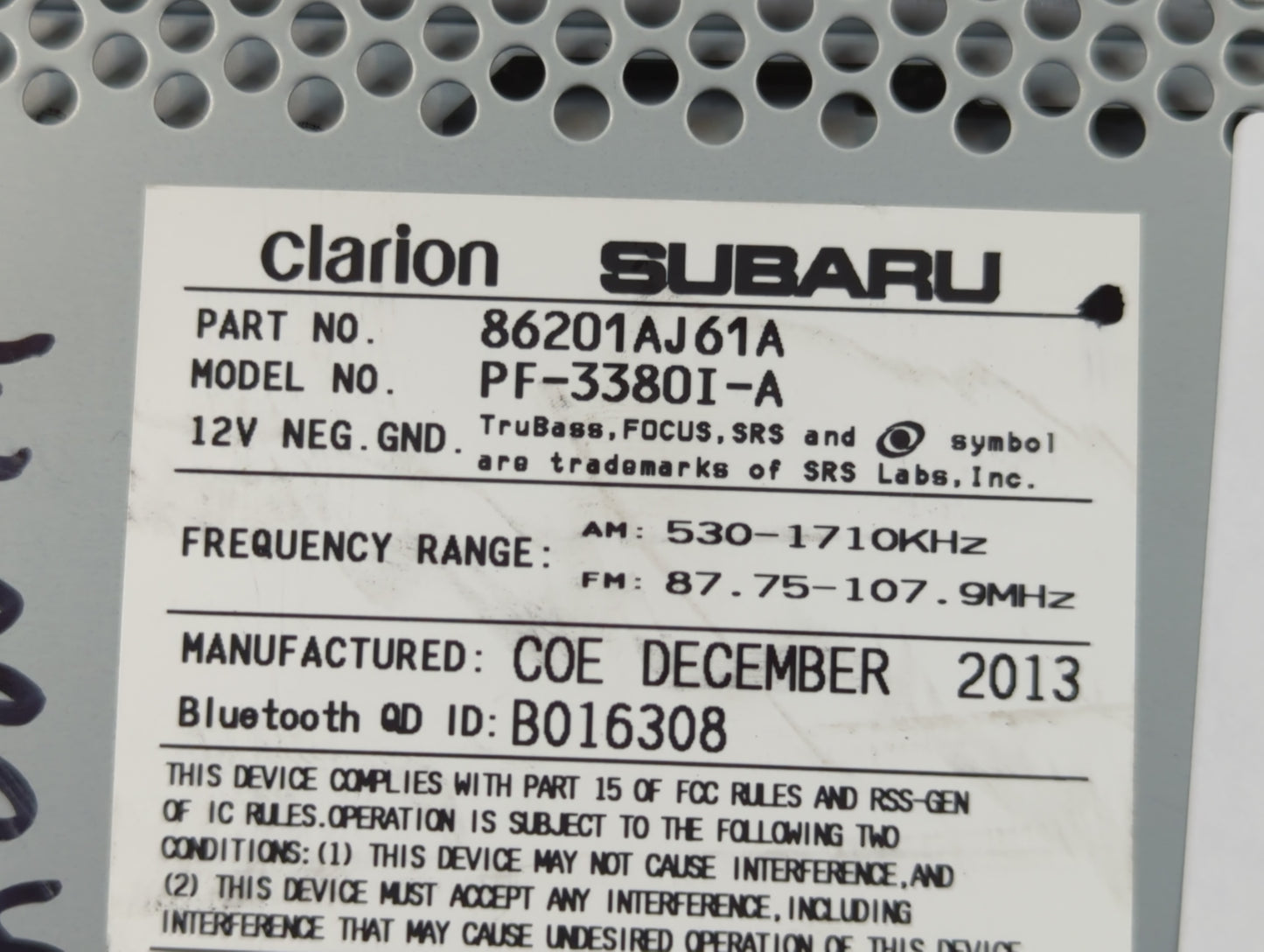 2012-2014 Subaru Legacy Radio AM FM Cd Player Receiver Replacement P/N:86201AJ61A Fits Fits 2012 2013 2014 OEM Used Auto Par