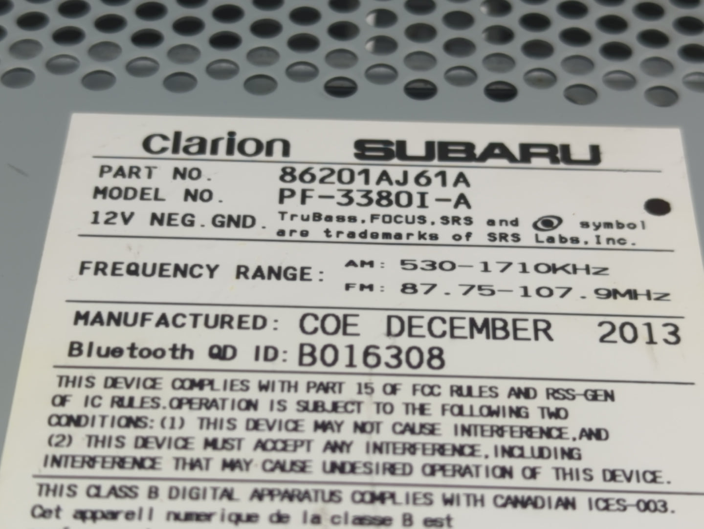 2012-2014 Subaru Legacy Radio AM FM Cd Player Receiver Replacement P/N:86201AJ61A Fits Fits 2012 2013 2014 OEM Used Auto Par