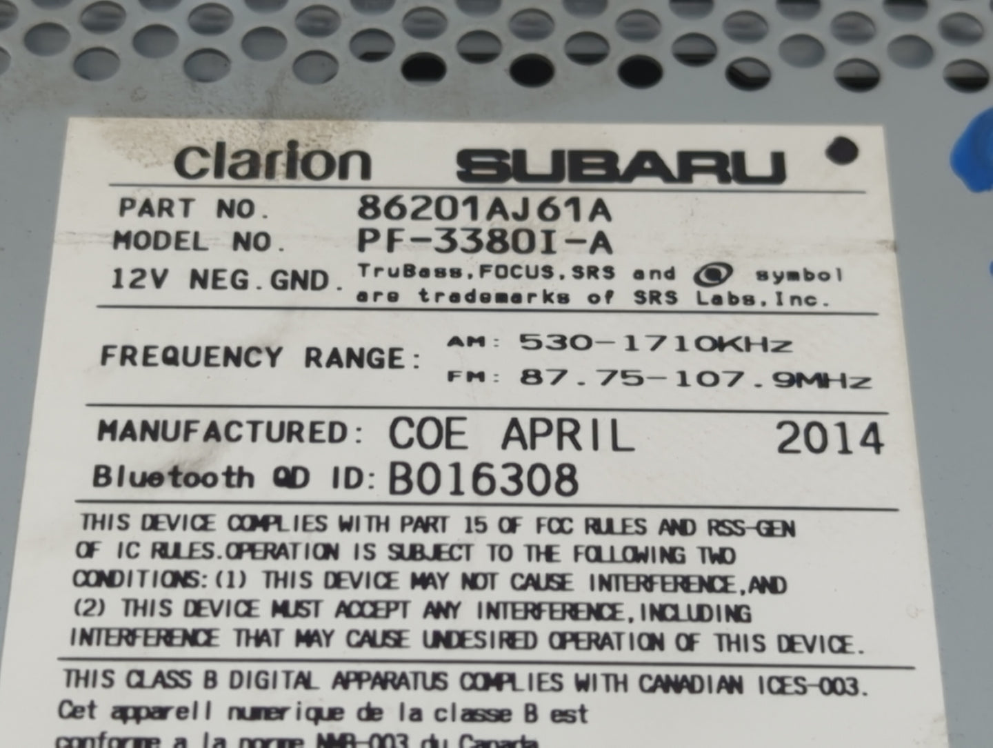 2012-2014 Subaru Legacy Radio AM FM Cd Player Receiver Replacement P/N:86201AJ61A Fits Fits 2012 2013 2014 OEM Used Auto Par