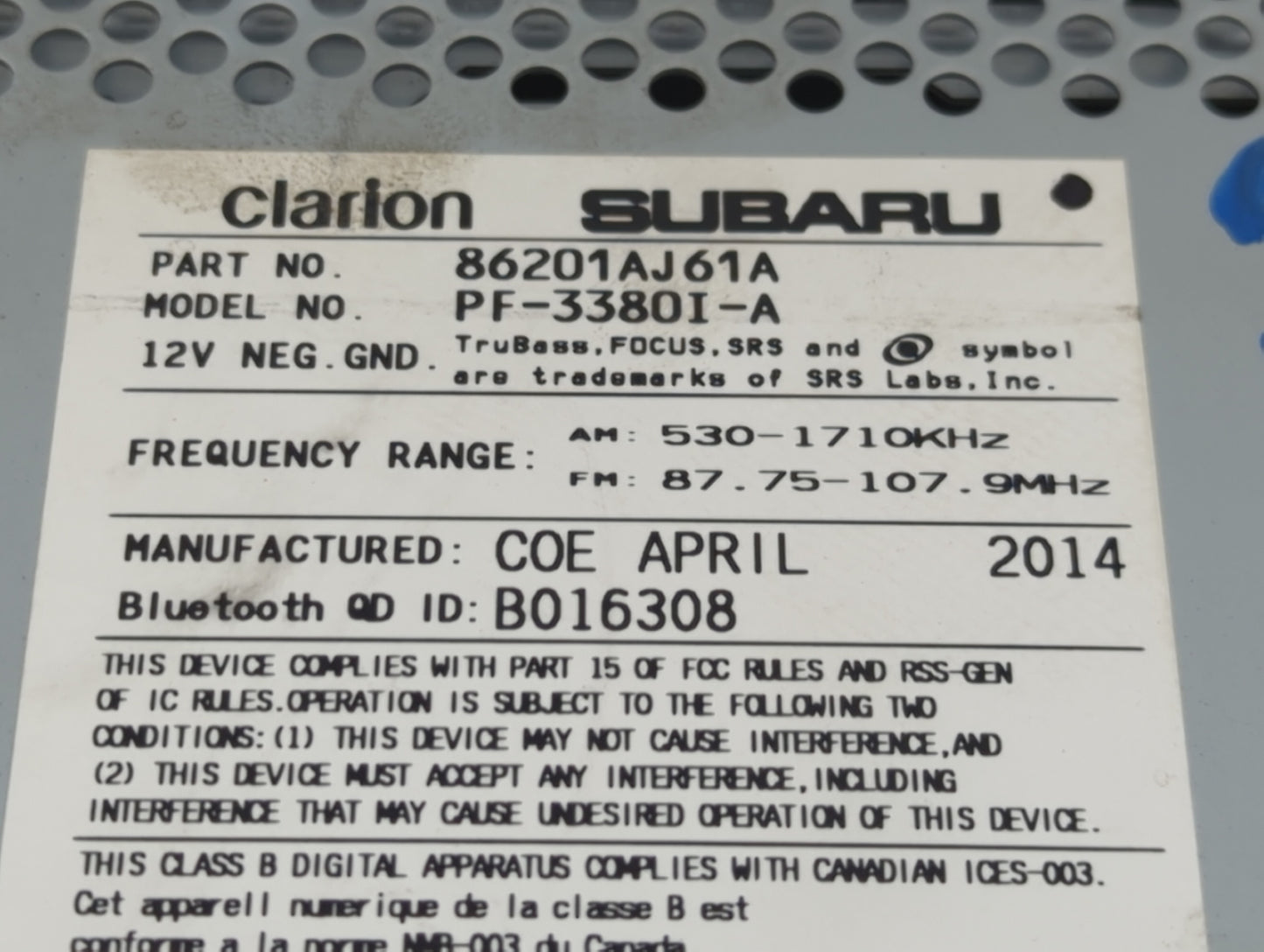 2012-2014 Subaru Legacy Radio AM FM Cd Player Receiver Replacement P/N:86201AJ61A Fits Fits 2012 2013 2014 OEM Used Auto Par