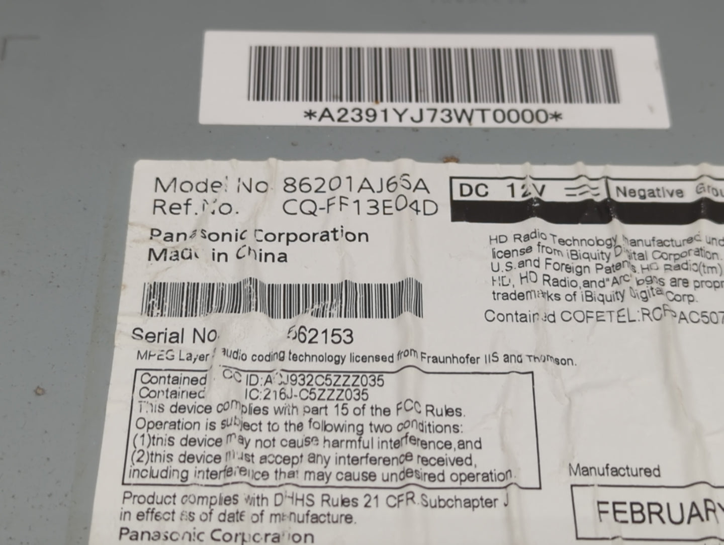 2013-2014 Subaru Legacy Radio AM FM Cd Player Receiver Replacement P/N:86201AJ66A Fits Fits 2013 2014 OEM Used Auto Parts - 