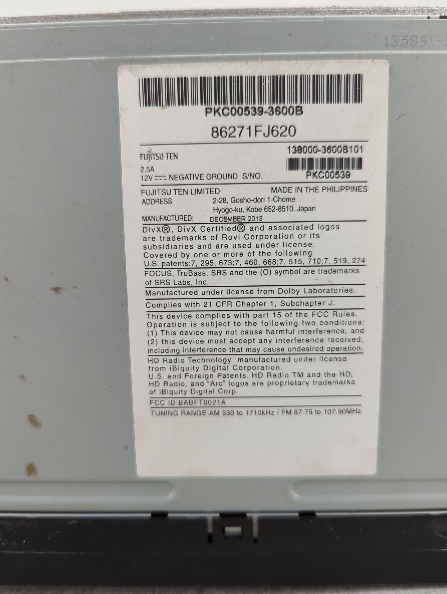 2014 Subaru Xv Radio AM FM Cd Player Receiver Replacement P/N:86271FJ620 PKC00539-3600B, 138000-3600B101 Fits OEM Used Auto 
