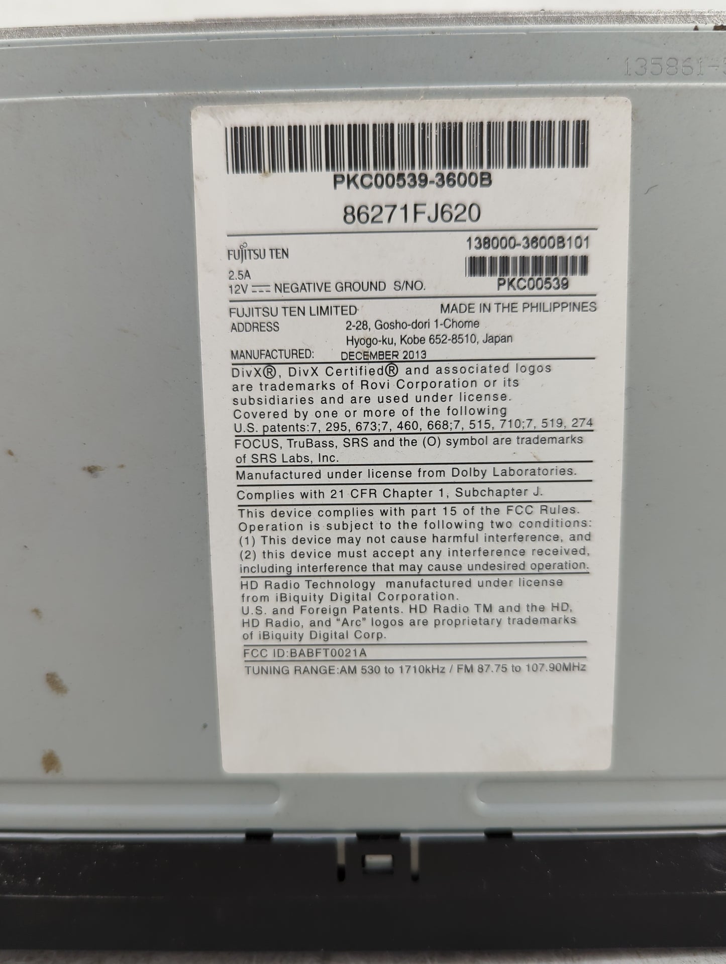 2014 Subaru Xv Radio AM FM Cd Player Receiver Replacement P/N:86271FJ620 PKC00539-3600B, 138000-3600B101 Fits OEM Used Auto 