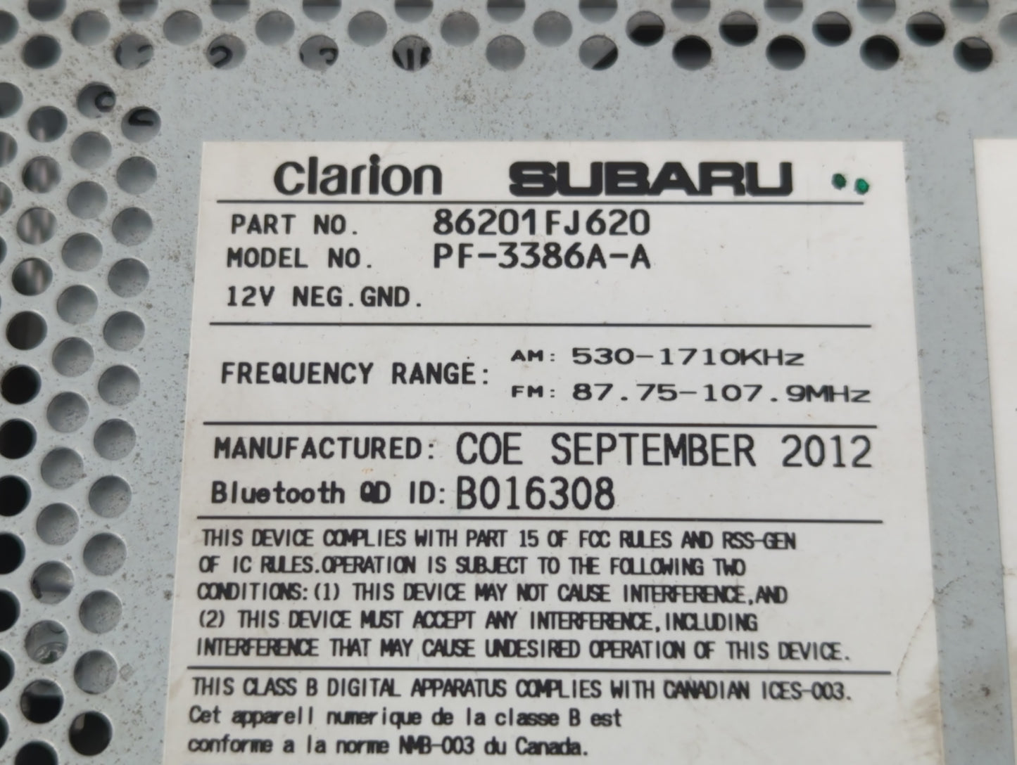 2013-2014 Subaru Xv Radio AM FM Cd Player Receiver Replacement P/N:86201FJ620 Fits Fits 2012 2013 2014 OEM Used Auto Parts -