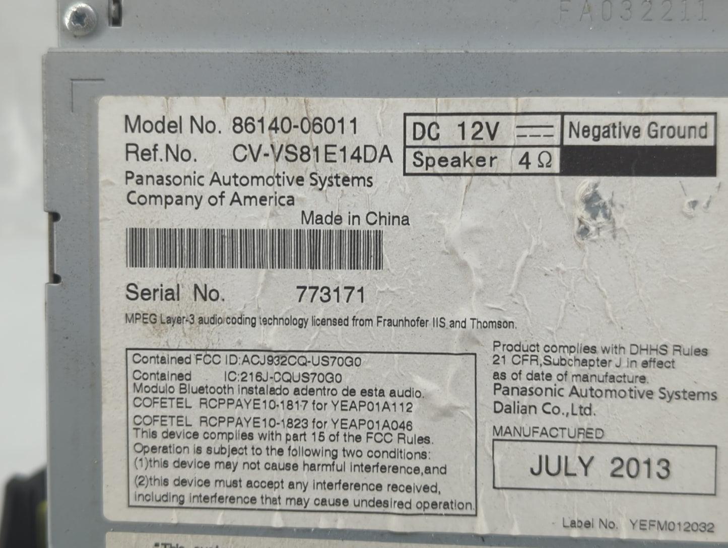 2013-2014 Toyota Camry Radio AM FM Cd Player Receiver Replacement P/N:86140-06011 CV-VS81E14DA Fits Fits 2013 2014 OEM Used 