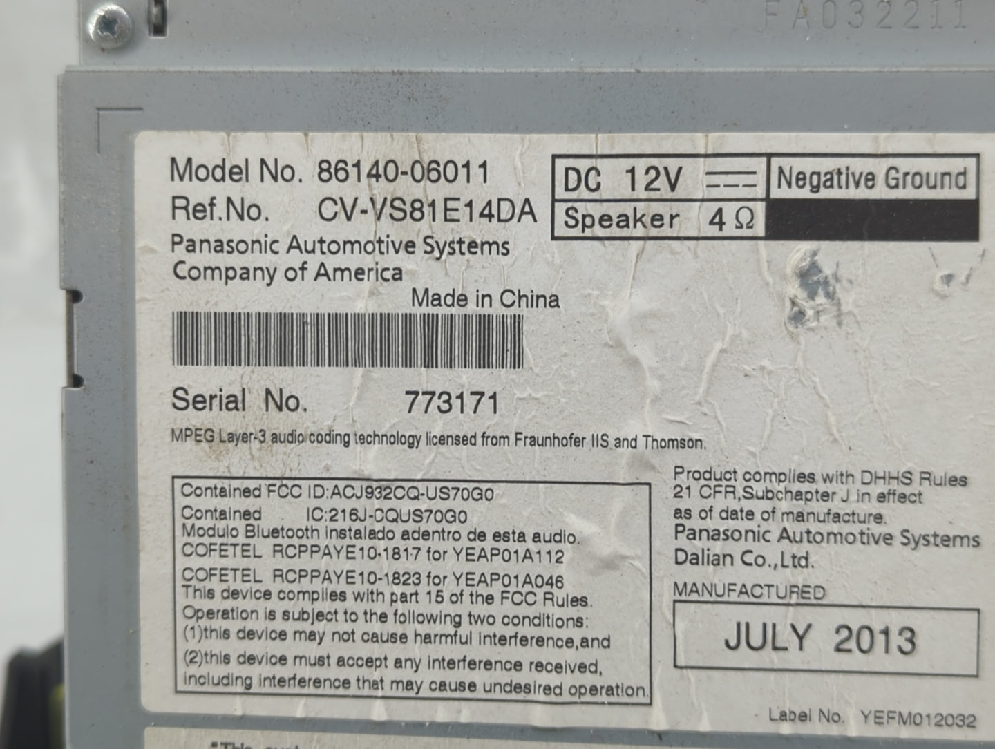 2013-2014 Toyota Camry Radio AM FM Cd Player Receiver Replacement P/N:86140-06011 CV-VS81E14DA Fits Fits 2013 2014 OEM Used 