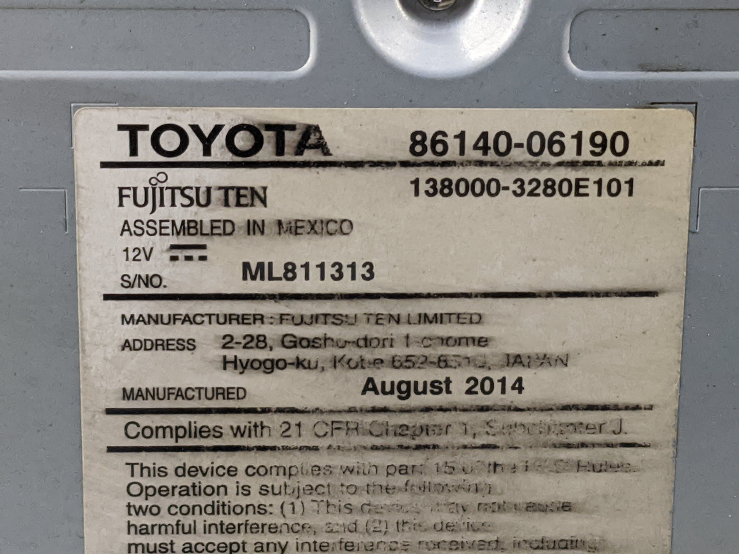 2014 Toyota Camry Radio AM FM Cd Player Receiver Replacement P/N:86140-06190 138000-3280E101, ML811313 Fits OEM Used Auto Pa