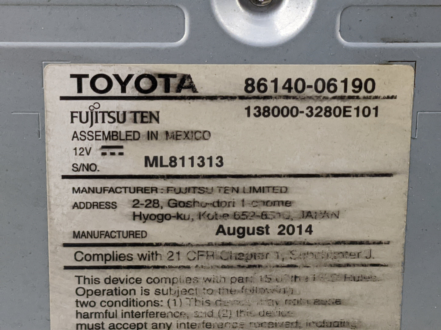 2014 Toyota Camry Radio AM FM Cd Player Receiver Replacement P/N:86140-06190 138000-3280E101, ML811313 Fits OEM Used Auto Pa