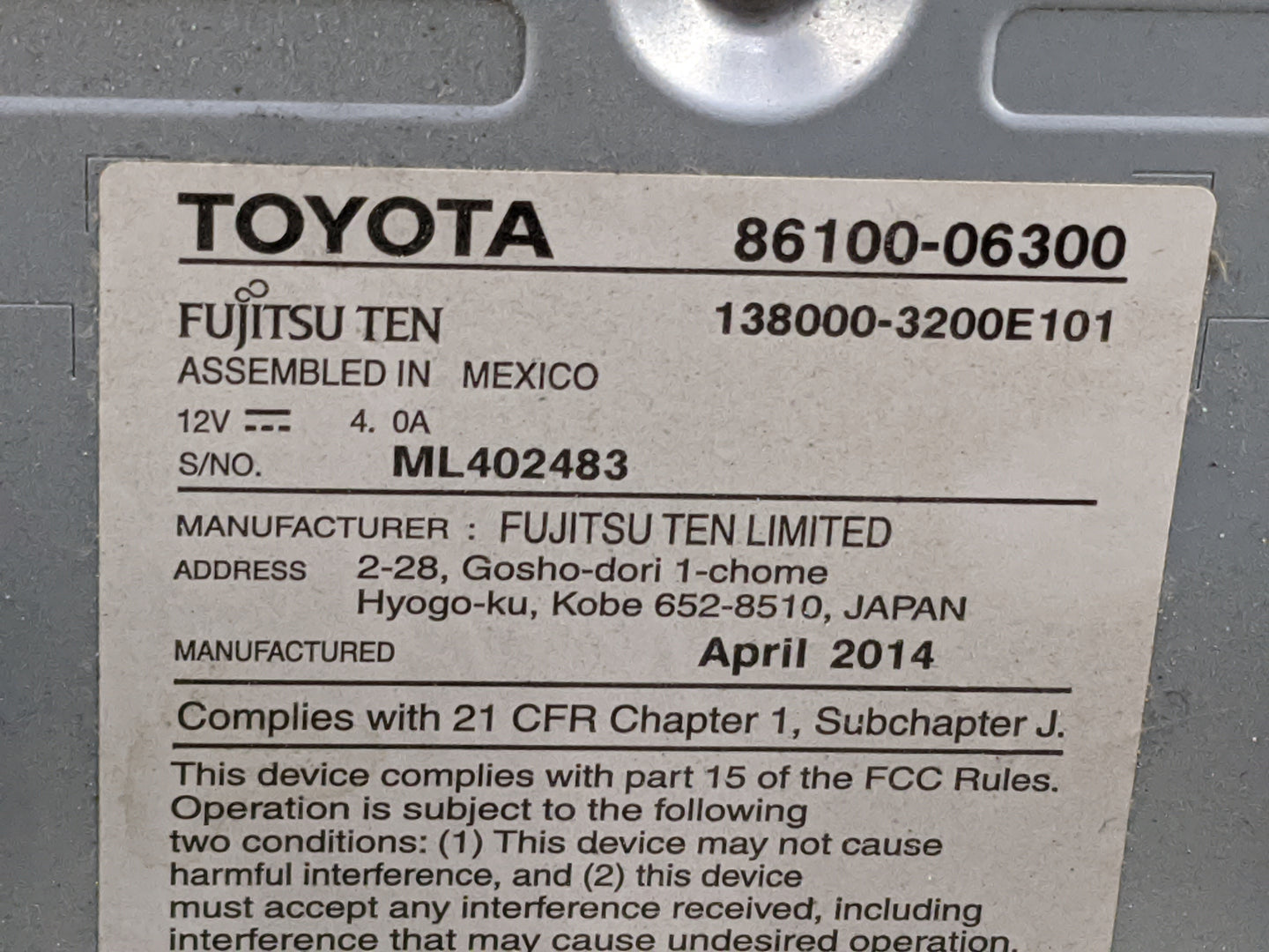 2014-2017 Toyota Camry Tuner Satellite Receiver - Oemusedautoparts1.com