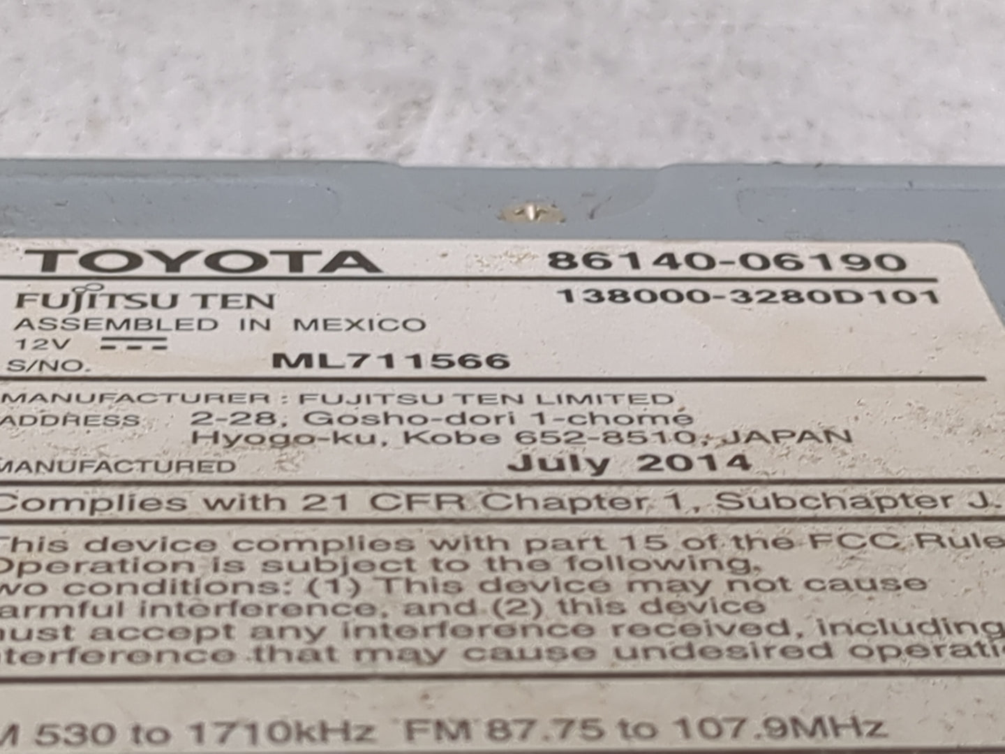 2014 Toyota Camry Radio AM FM Cd Player Receiver Replacement P/N:86140-06190 138000-3280D101 Fits OEM Used Auto Parts - Oemu
