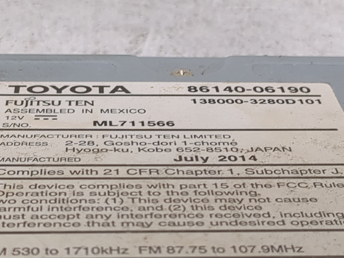 2014 Toyota Camry Radio AM FM Cd Player Receiver Replacement P/N:86140-06190 138000-3280D101 Fits OEM Used Auto Parts - Oemu
