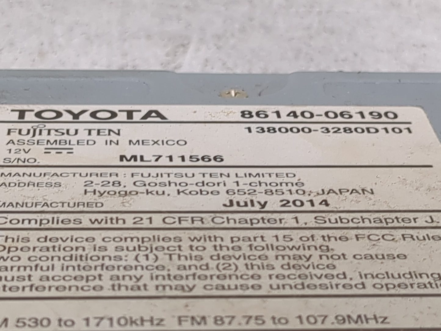 2014 Toyota Camry Radio AM FM Cd Player Receiver Replacement P/N:86140-06190 138000-3280D101 Fits OEM Used Auto Parts - Oemu