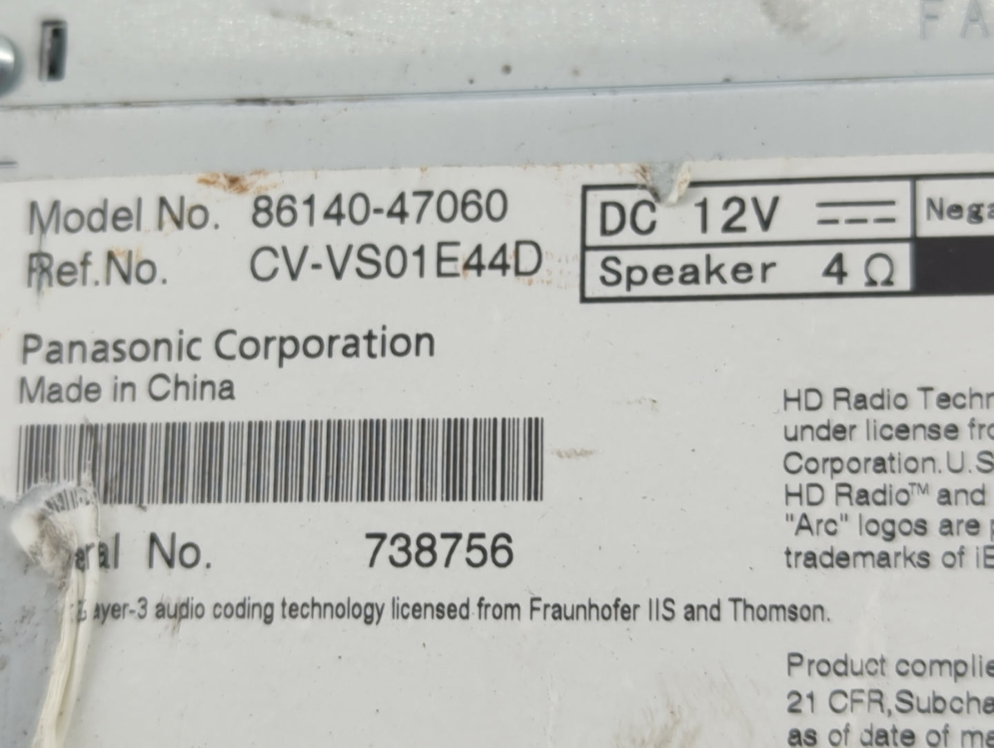 2014 Toyota Prius Radio AM FM Cd Player Receiver Replacement P/N:86140-47060 CV-VS01E44D Fits OEM Used Auto Parts - Oemuseda