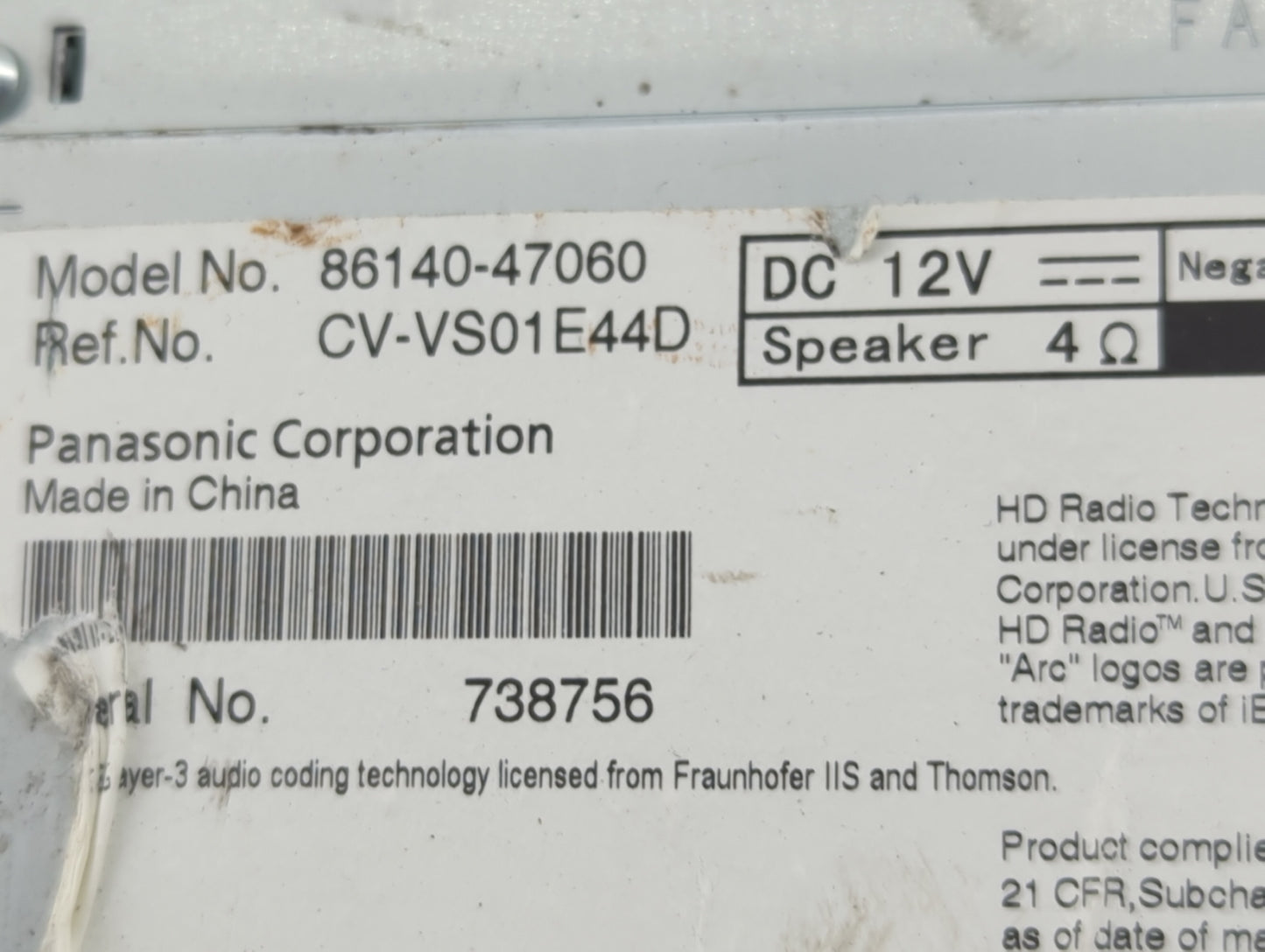 2014 Toyota Prius Radio AM FM Cd Player Receiver Replacement P/N:86140-47060 CV-VS01E44D Fits OEM Used Auto Parts - Oemuseda