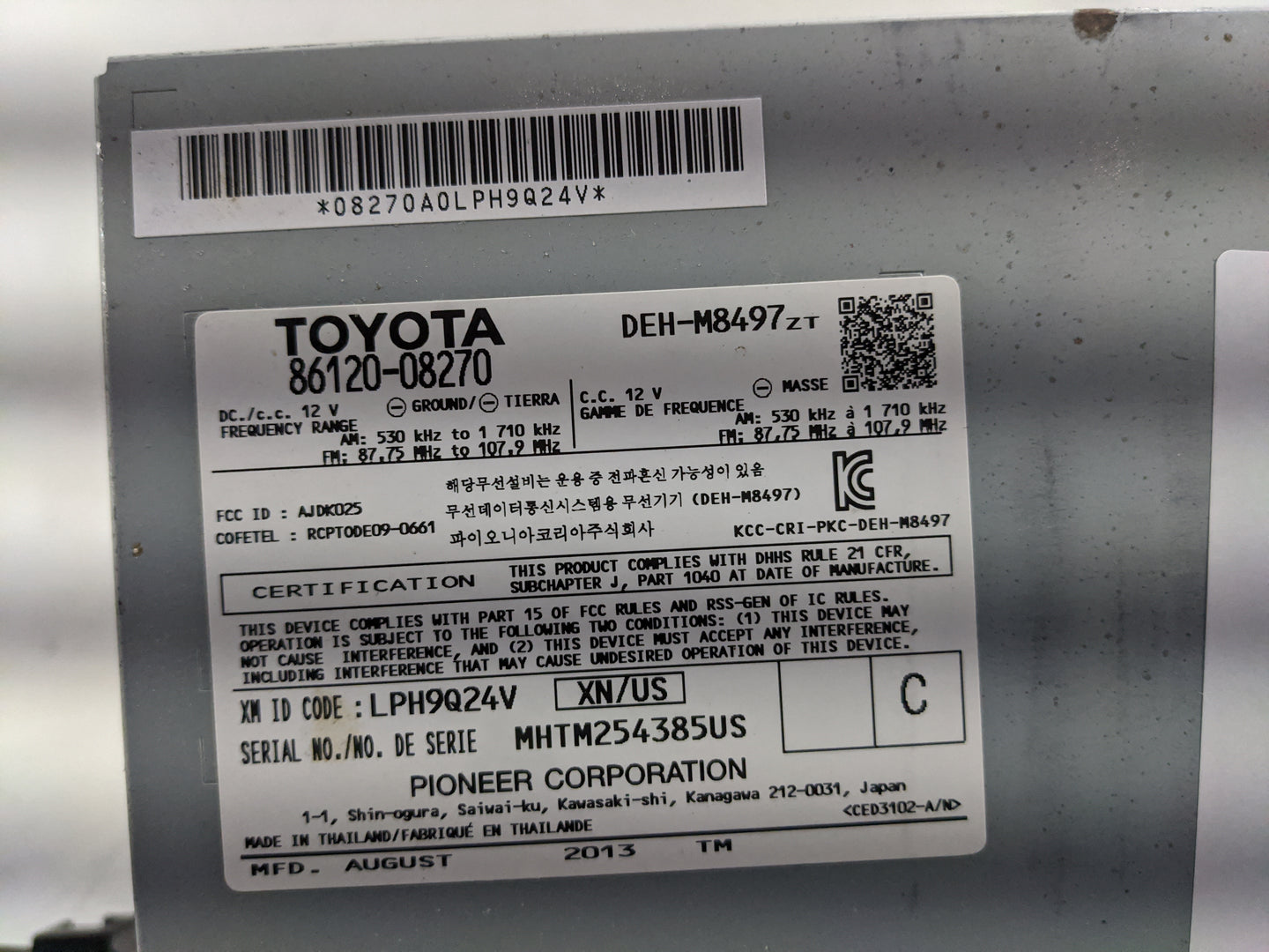 2011-2014 Toyota Sienna Radio AM FM Cd Player Receiver Replacement P/N:86120-08270 Fits Fits 2011 2012 2013 2014 OEM Used Au